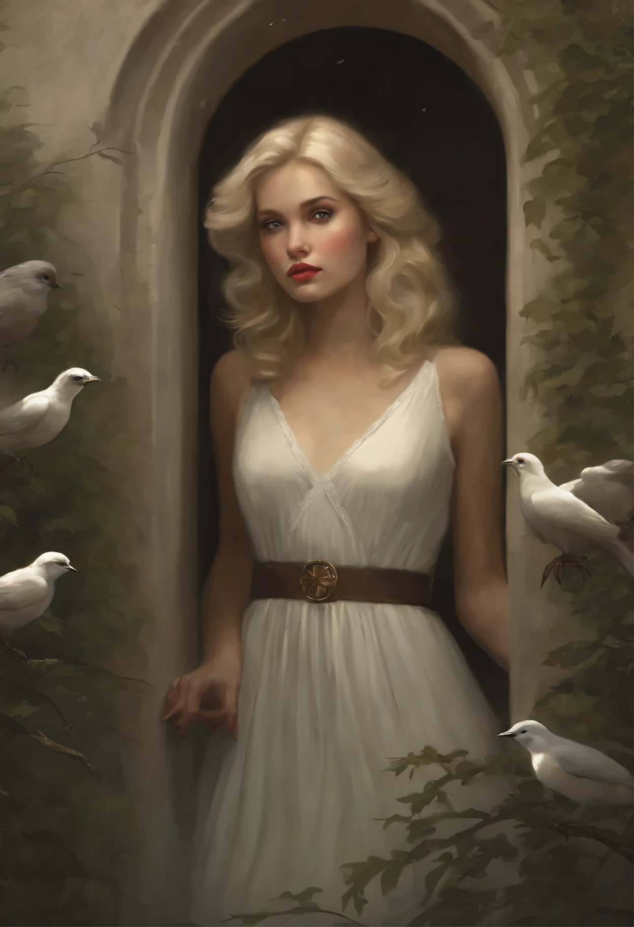 Photo of a blonde girl, standing in the doorway, and the birds fly around., Ghibli Tom Bagshaw, tom bagshaw style, artstyle: Tom Bagshaw, Tom Bagshaw Weta Studio, tom bagshaw style, Tom Bagshaw Donato Giancola, The cover of the novel for the book, artstyle by Tom Bagshaw, based on Jakub Schikaneder, inspired by Brian Despain
