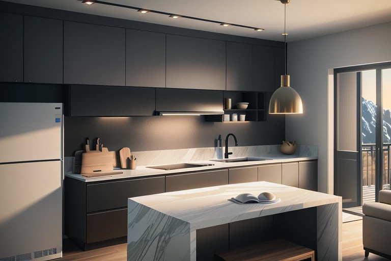 there is a kitchen with a marble island in the middle of the room, detailed archviz render, dark kitchen, cinematic render unreal engine, high quality 3 d render, high quality 3d render, unreal engine realistic render, vray 8k render, enscape render, realistic physical rendering, rendered in corona, unreal 5 engine highlly render, unreal 5 engine render