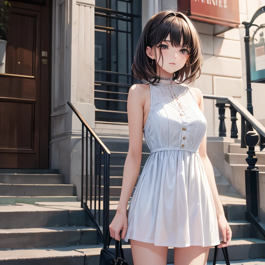 A woman wears mini dress