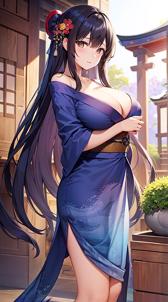 A dark-haired、Brown eyes、Beautiful woman with big breasts、A blue kimono with a pattern of a climbing dragon and plum blossoms、The background is a shrine、
