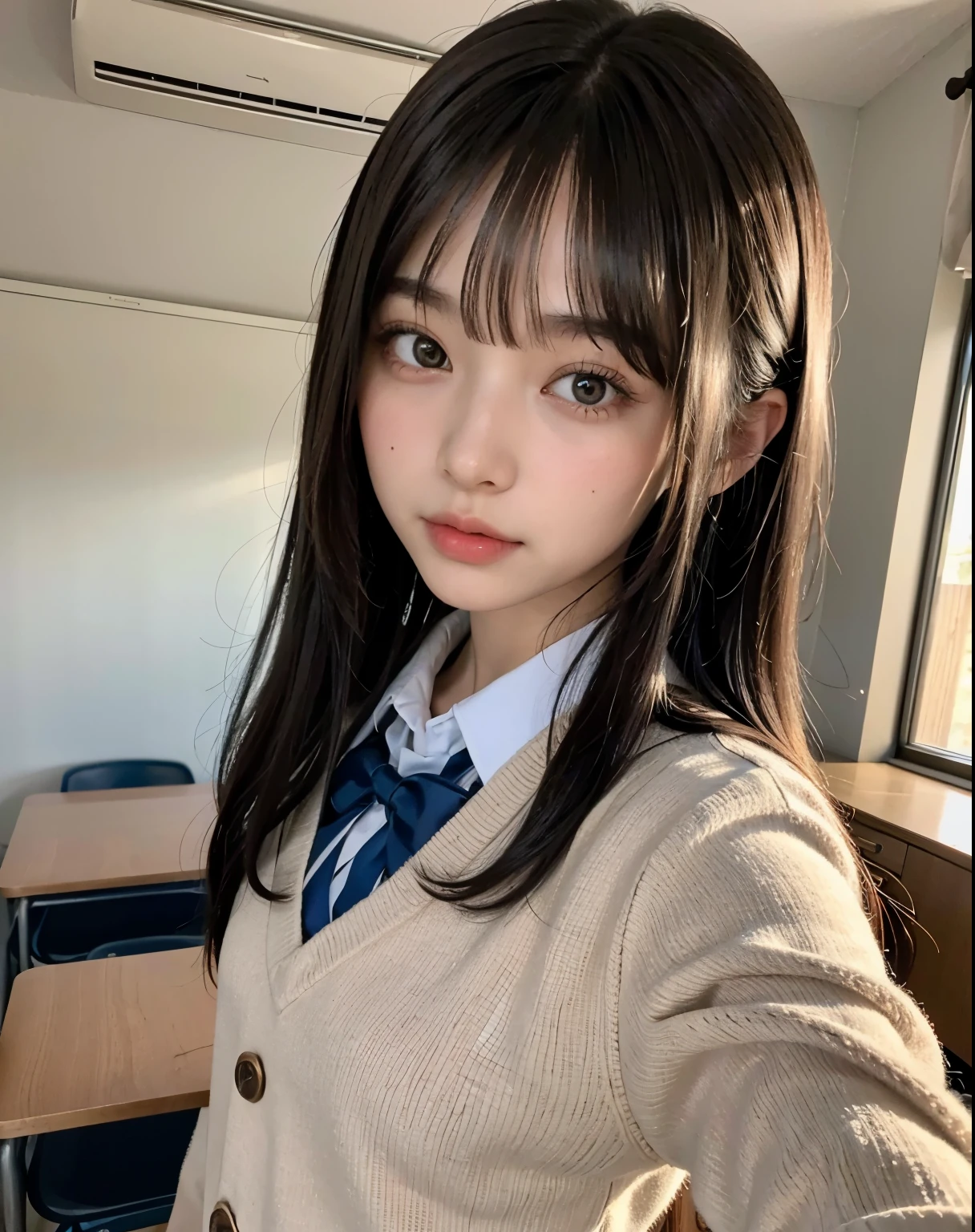 ((top-quality))、(​masterpiece:1.3)、Raw photography、8K、Top image quality、 Top resolution、Beautiful face in every detail、realisitic、Photorealsitic、Beautie、((Beautuful Women))、a small face、(Longhaire)、Straight hair、School uniform、High school girl uniform、(schools:1.3)、With bangs、‎Classroom、(28-year-old beauty)、Attractiveness of adult women