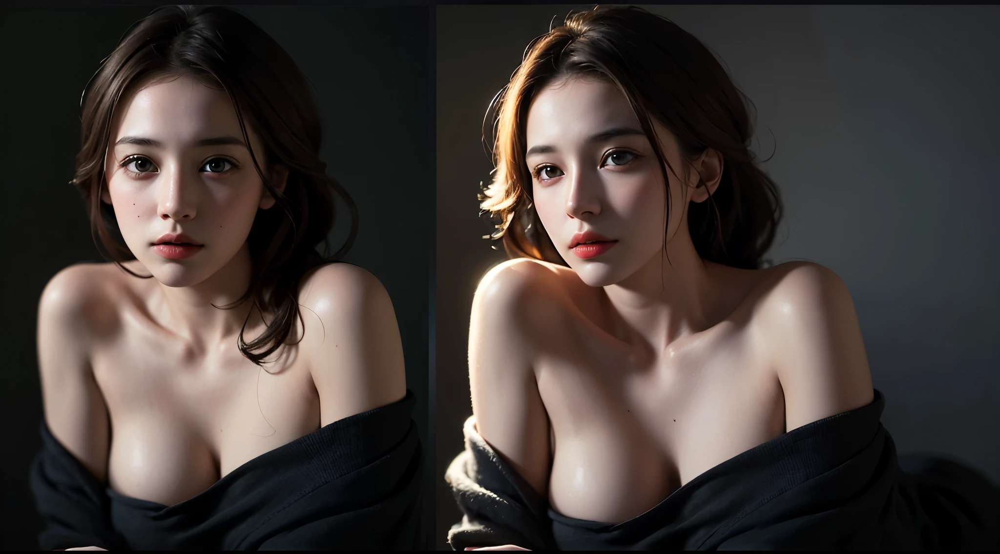 Best quality, masterpiece, ultra high res, (photorealistic:1.4), raw photo, 1girl, offshoulder, in the dark, deep shadow, low key, cold light