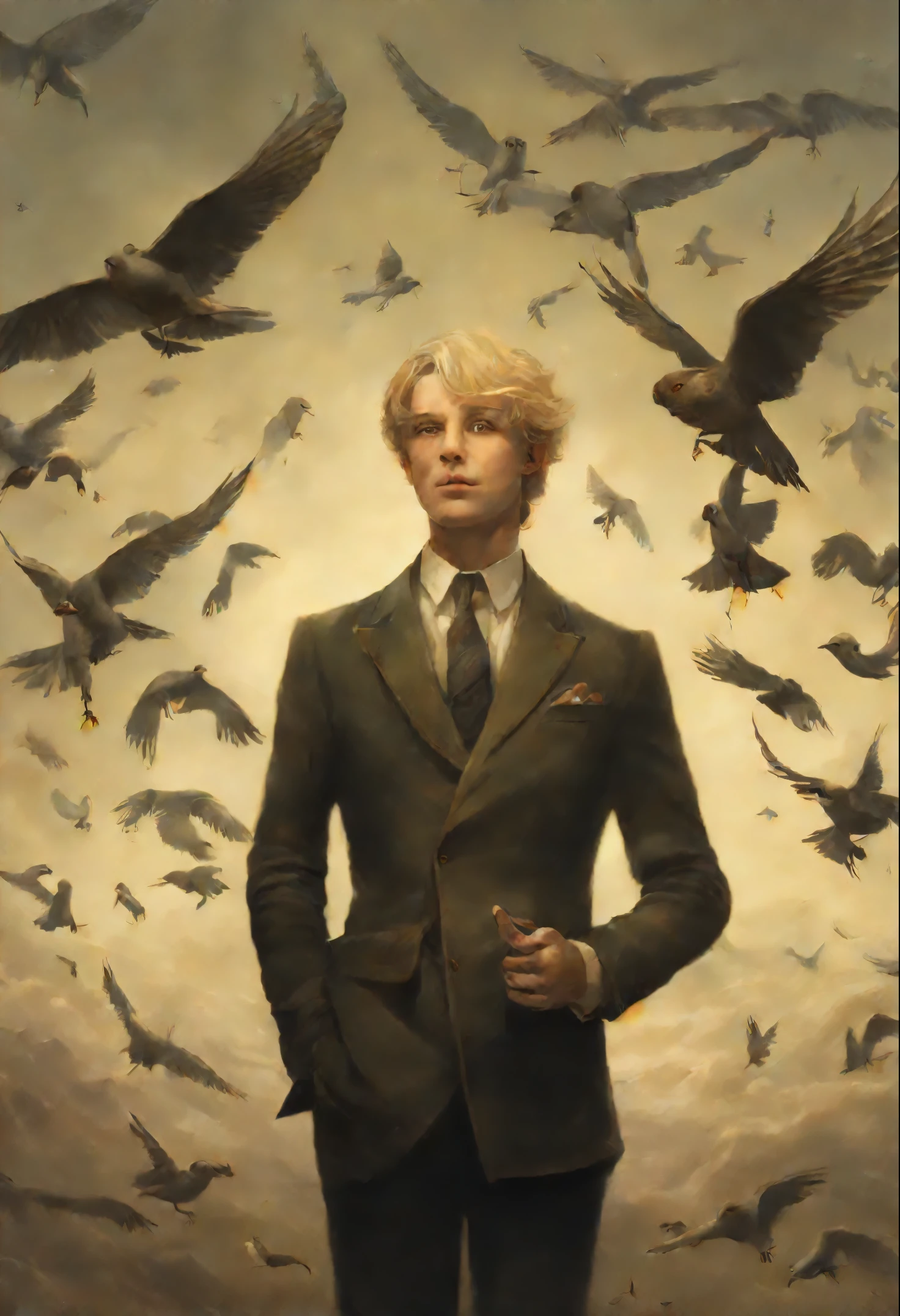 Photo of a blond man, standing in the doorway, and the birds fly around., Ghibli Tom Bagshaw, tom bagshaw style, artstyle: Tom Bagshaw, Tom Bagshaw Weta Studio, tom bagshaw style, Tom Bagshaw Donato Giancola, The cover of the novel for the book, artstyle by Tom Bagshaw, based on Jakub Schikaneder, inspired by Brian Despain