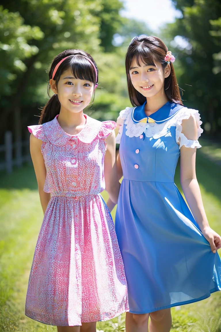 two beautiful japanese girls、(Beautiful girl wearing a blue summer dress、、)、(Beautiful girl wearing a summer dress with a pink collar、14years、)