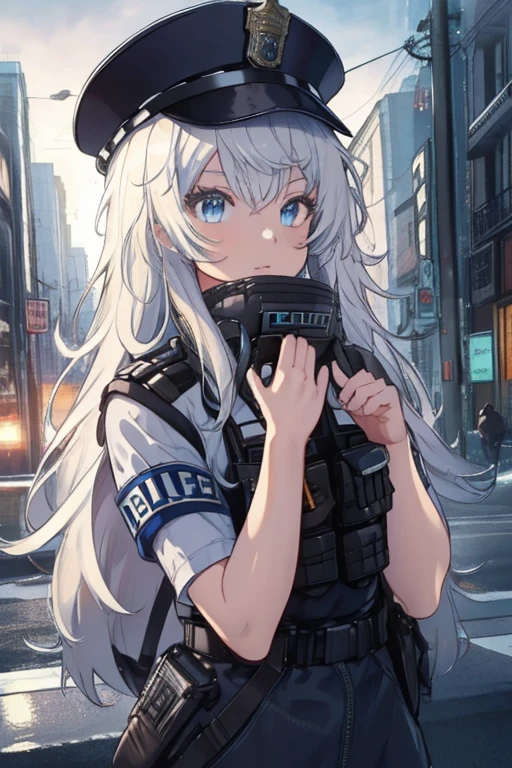 top-quality,Top image quality,in 8K,4K,​masterpiece,ultra-detailliert,Beautiful、ultra-quality, best quality,high resolution, ultra-detailed,game cg,dutch angle ,beautiful detailed eyes, visualart,five fingers, perfect hands,a beauty girl,absurderes,flat chest,poli,police officer uniform,Bulletproof vest