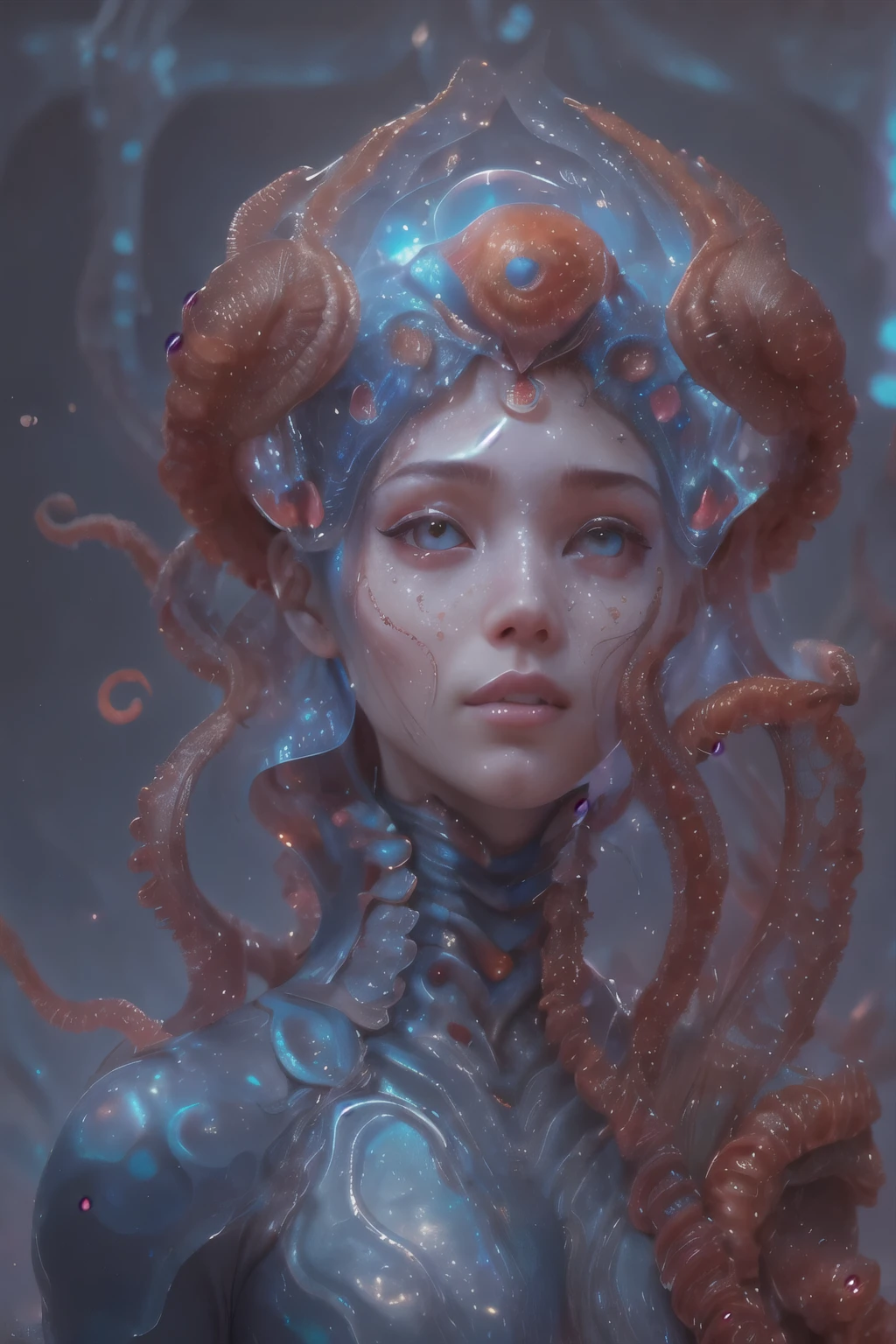 Portrait, (beautiful female alien:1.2),  (she has red eyes with no pupils:1.8), (Translucent skin:1.7),  (There is a female genital-like organ in the middle of the forehead:1.9), (The most beautiful face in the history of the universe:1.2),an evil gaze that seduces, (large mouth:1.1), (sharp teeth like a vampire:1.2), Full body like, (bio luminescent:1.5), (Smile wickedly:1.3),  (sexypose:1.5), alien, No humans, cells are fused, (Lots of translucent tentacles:1.3) extraterrestrial, cell, bio image, Best Quality, 8K,4K_quality, High Definition, Dramatic Lighting, masutepiece:1.5,cinematic quality, detail up, (Intricate details:1.2), High resolution, High Definition, drawing faithfully, (Thick eyebrows:1.2), Beautiful eyes with fine symmetry,(Highly detailed face and eyes:1.2), Intimate face, (Super detailed skin quality feeling:1.4), Perfect Anatomy,  (Beautiful toned body:1.5),  (Moist skin:1.2), No makeup, (dark circles:1.1), long canines, cinematic drawing of characters, ultra high quality model, cinematic quality, detail up, (Intricate details:1.2), High resolution, High Definition, drawing faithfully, Official art, Unity 8K wall  , 8K Portrait, Best Quality, Very High resolution, ultra detailed artistic photography, midnight aura,  unreal enginee 5, Ultra Sharp Focus, art by alberto seveso, ArtGerm, Roisch, intricate artwork, best quality, masutepiece, ultra High resolution, (photos realistic:1.4), Ultra-realistic realism, dream-like,  nautilus, Creation of fantasy, Snail, Dream Snail,  biopunk nautilus, Thrilling color schemes， Ultra-realistic realism， seductively smiling, Blue tentacles,
