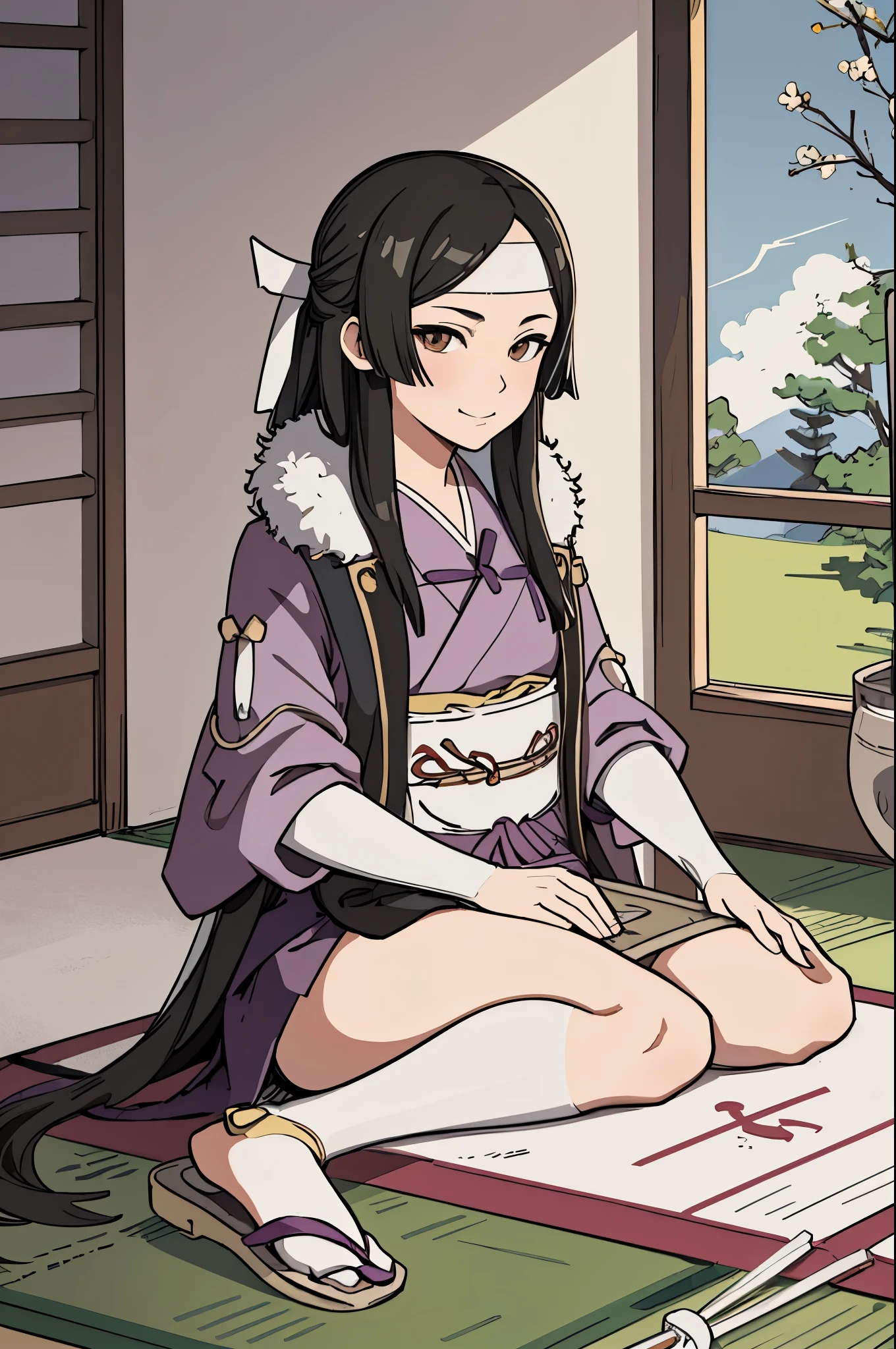 masterpiece, best quality, sayri, headband, japanese clothes, sash, fur trim, sandals, seiza, looking at viewer, indoors, japanese architecture, incense, slight smile