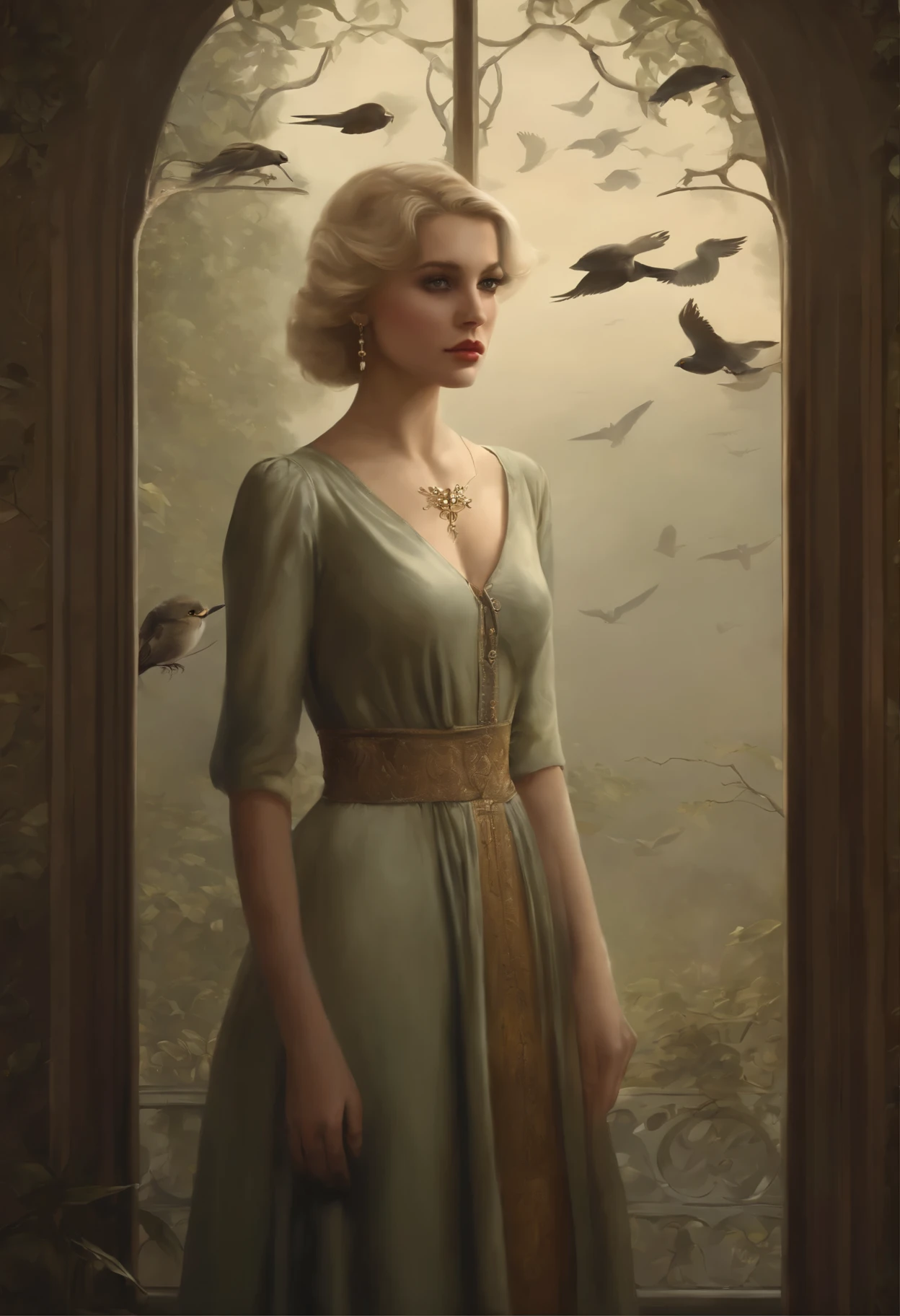Photo of a blonde girl, standing in the doorway, and the birds fly around., Ghibli Tom Bagshaw, tom bagshaw style, artstyle: Tom Bagshaw, Tom Bagshaw Weta Studio, tom bagshaw style, Tom Bagshaw Donato Giancola, The cover of the novel for the book, artstyle by Tom Bagshaw, based on Jakub Schikaneder, inspired by Brian Despain