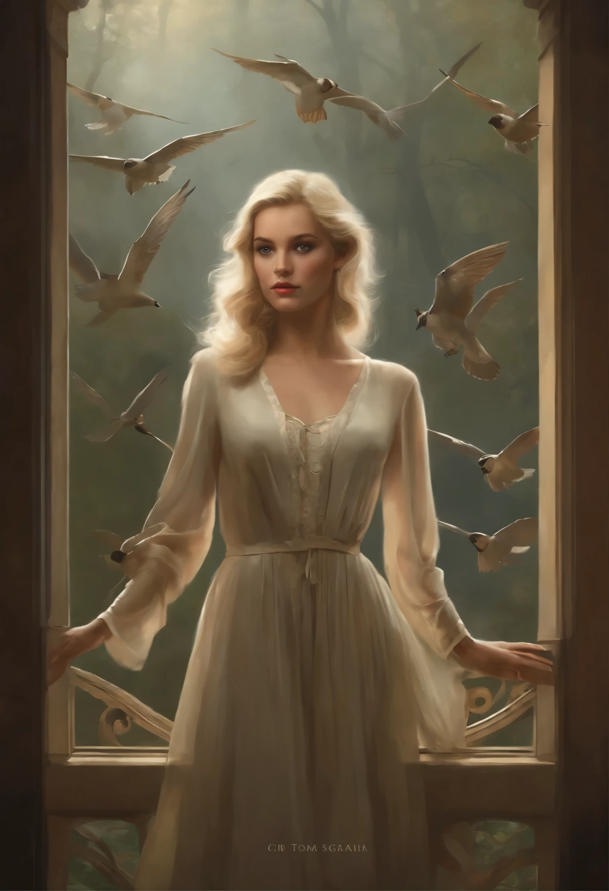 Photo of a blonde girl, standing in the doorway, and the birds fly around., Ghibli Tom Bagshaw, tom bagshaw style, artstyle: Tom Bagshaw, Tom Bagshaw Weta Studio, tom bagshaw style, Tom Bagshaw Donato Giancola, The cover of the novel for the book, artstyle by Tom Bagshaw, based on Jakub Schikaneder, inspired by Brian Despain