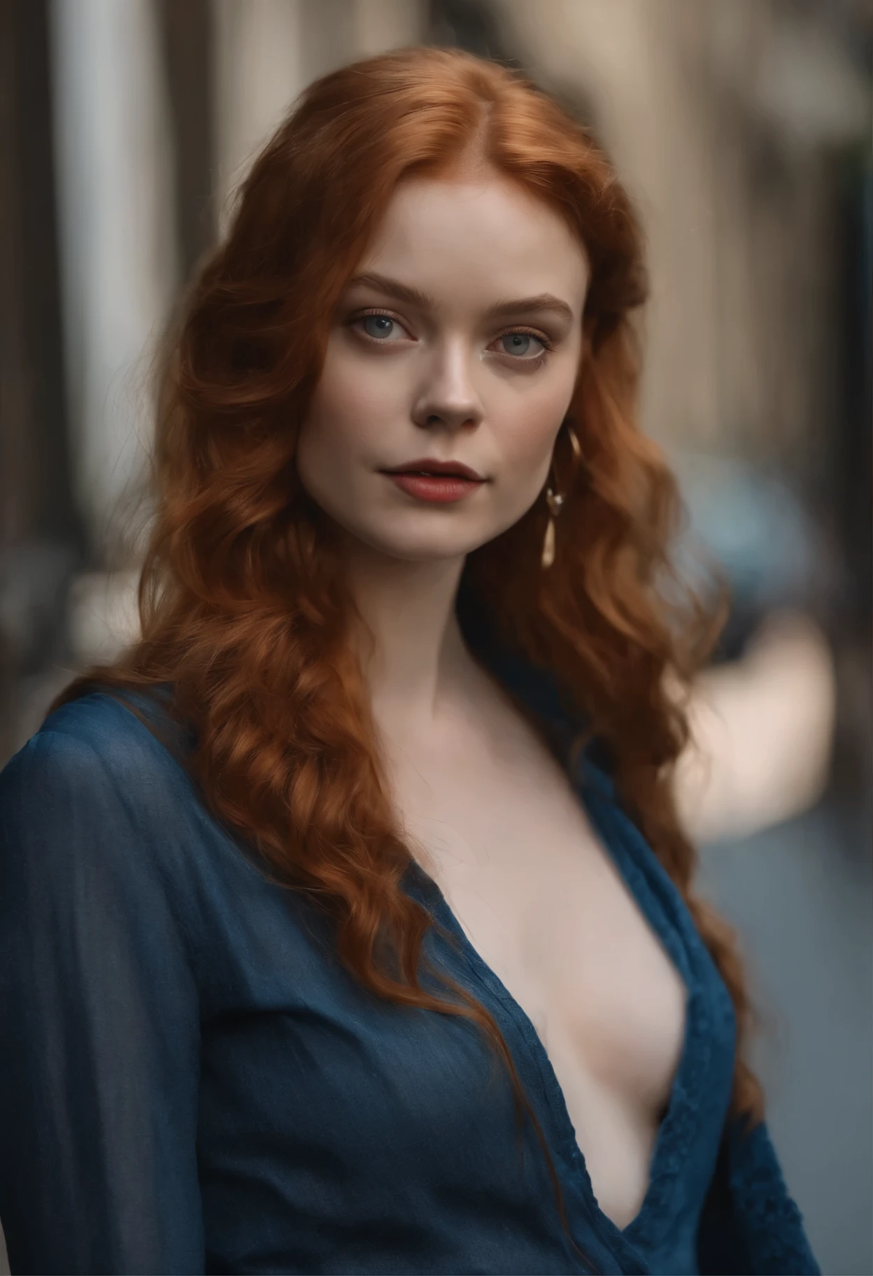 professionnel, (Photo 4K:1.1) (mise au point nette:1.3), High detail, Porter (Chemise moulante:1.2), beautifull detailed face, An attractive woman with long red hair, in city, resembling actress Elle Fanning, Panasonic Lumix S Pro 50mm F/1.4, , photo realist, (attractive young woman:1.3), (Seductive:1.1), (rougissant:1.1), Forme du corps du sablier, Gros seins ronds, ass underlined, Accentuated ass, Rear shot, Porter une mini-jupe, corps entier, longues jambes