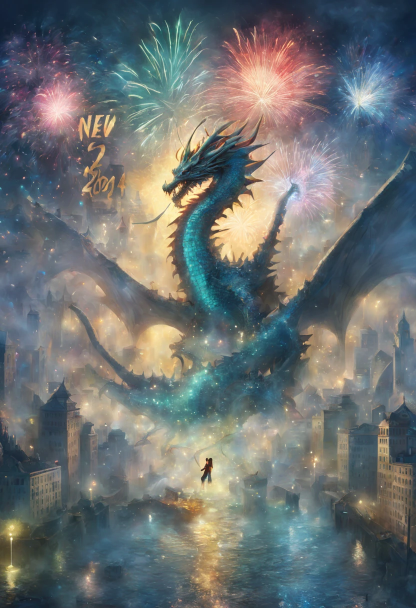 new year 2024, surreal art, text, fireworks, dragon