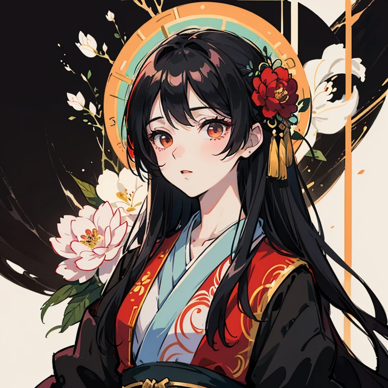 masutepiece, of the highest quality, illustration texture, illustration cover, Low contrast, girl, Hanfu, Long hair, Camellia flower, Red and black color scheme - AR3:4 - Upright - Rainbow 5 50 --s 2