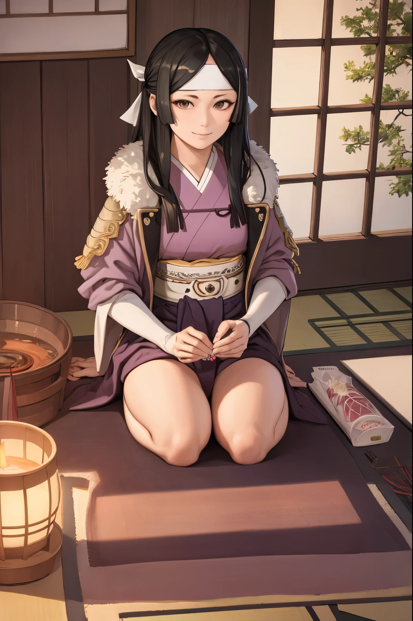 masterpiece, best quality, sayri, headband, japanese clothes, sash, fur trim, sandals, seiza, looking at viewer, indoors, japanese architecture, incense, slight smile