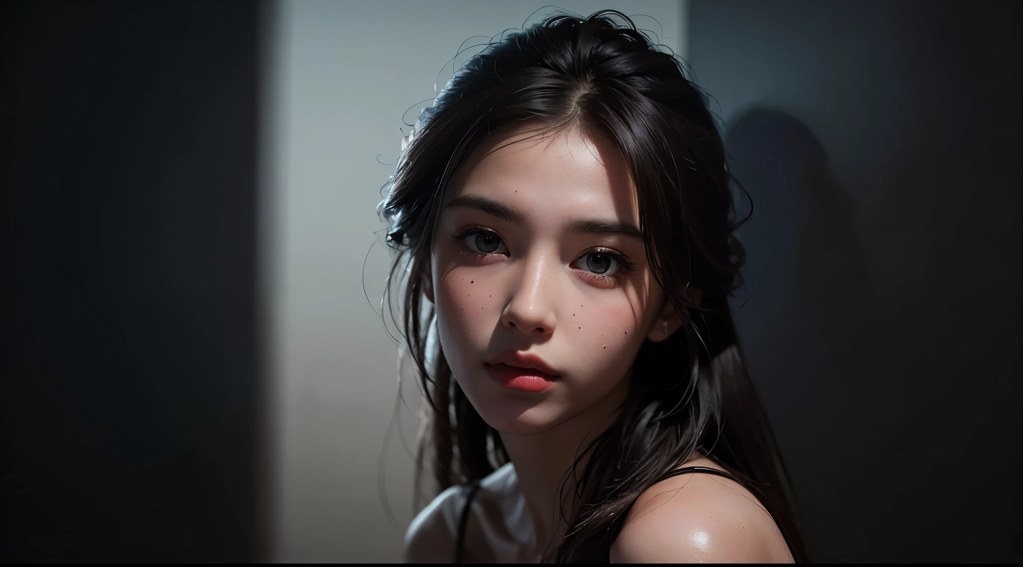Best quality, masterpiece, ultra high res, (photorealistic:1.4), raw photo, 1girl, offshoulder, in the dark, deep shadow, low key, cold light