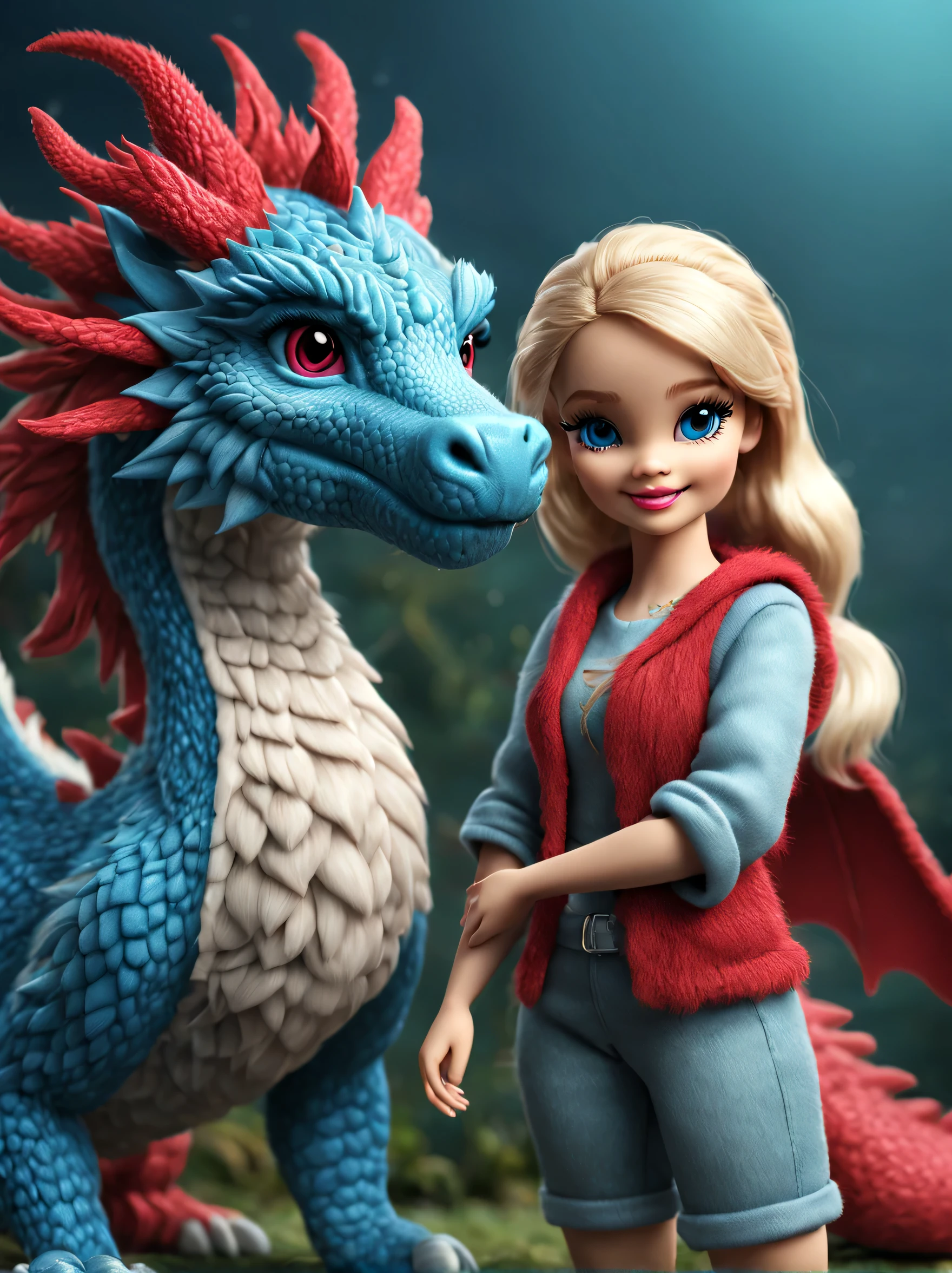 barbie and dragons，Cute 3d rendering，shaggy，（wool craft），
Background with：Quiet blue and brilliant red， Cute 3d rendering of cartoon zodiac dragon，Cute and detailed digital art，zodiac dragon explorer，Mini cute zodiac dragon，stylized 3d render，3d rendered figure art 8k，lovely digital painting，Anime style 3D，Ultra-detailed rendering