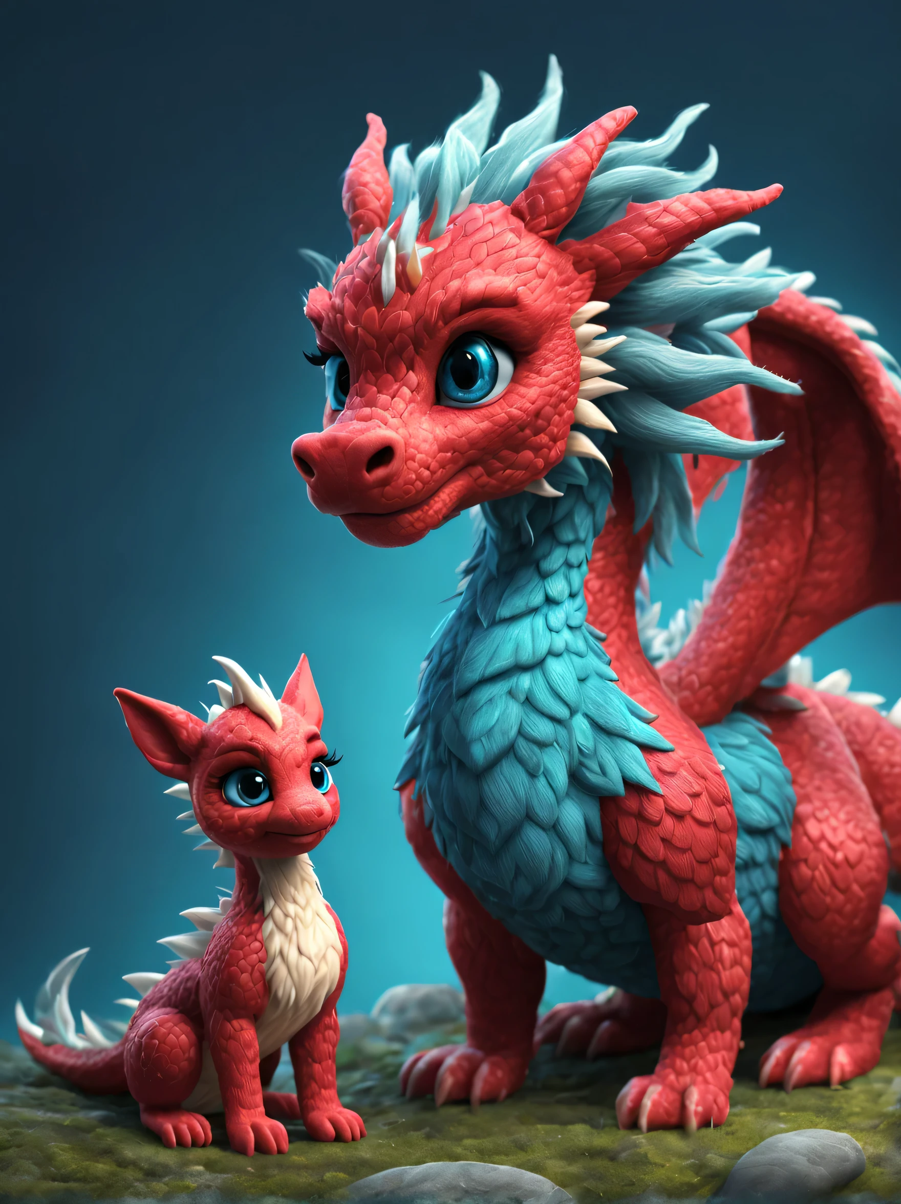 barbie and dragons，Cute 3d rendering，shaggy，（wool craft），
Background with：Quiet blue and brilliant red， Cute 3d rendering of cartoon zodiac dragon，Cute and detailed digital art，zodiac dragon explorer，Mini cute zodiac dragon，stylized 3d render，3d rendered figure art 8k，lovely digital painting，Anime style 3D，Ultra-detailed rendering