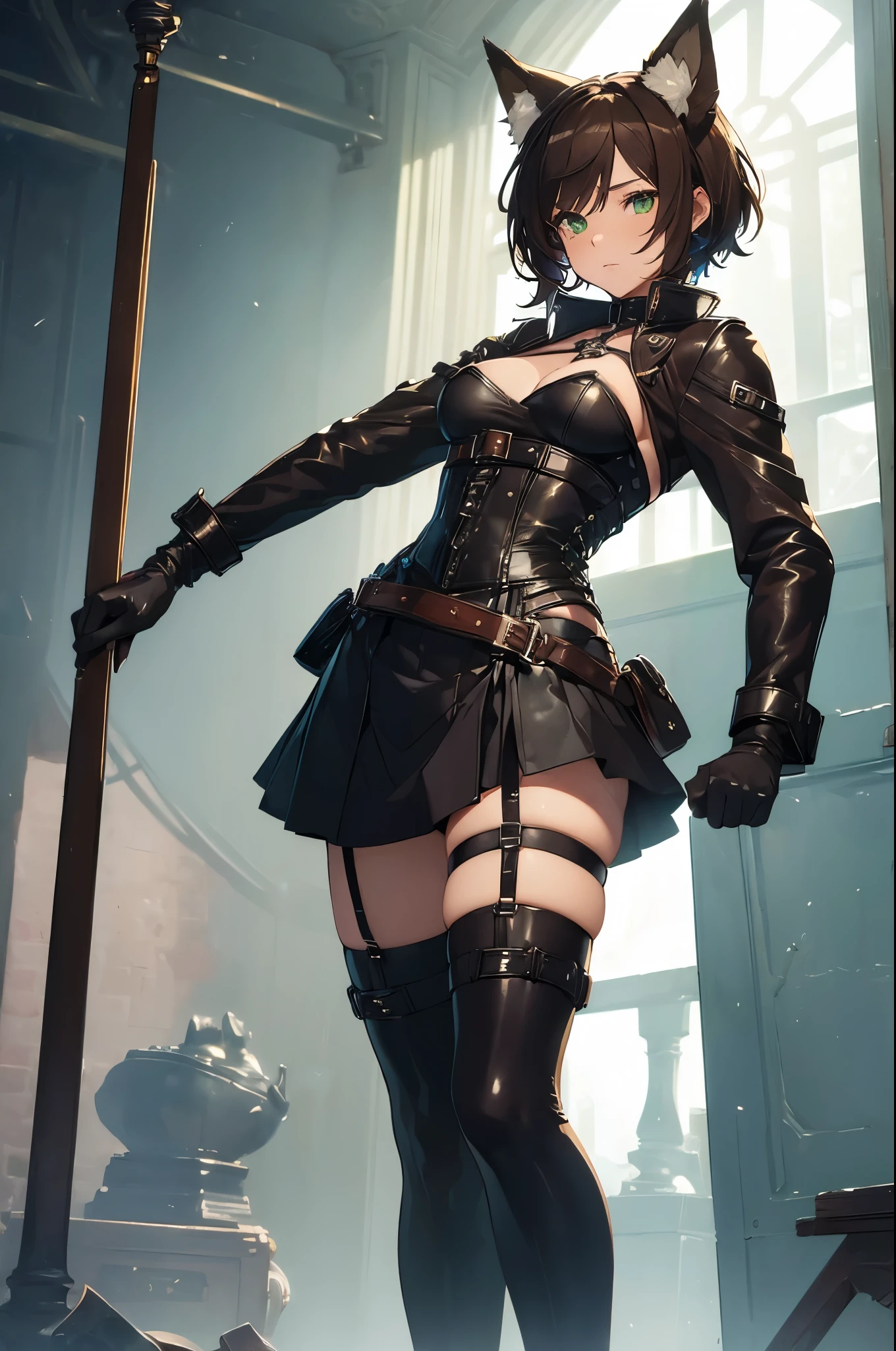 (Masterpiece: 1.5), (Best Quality: 1.5), (Perfect Face), Fox ears, Fox Tail, dark brown hair, green eyes, femboy, feminine male, flat chest, full body, leather skirt, short hair, fluffy hair, leather harness, thick tights, leather gloves, leather stockings, leather corset