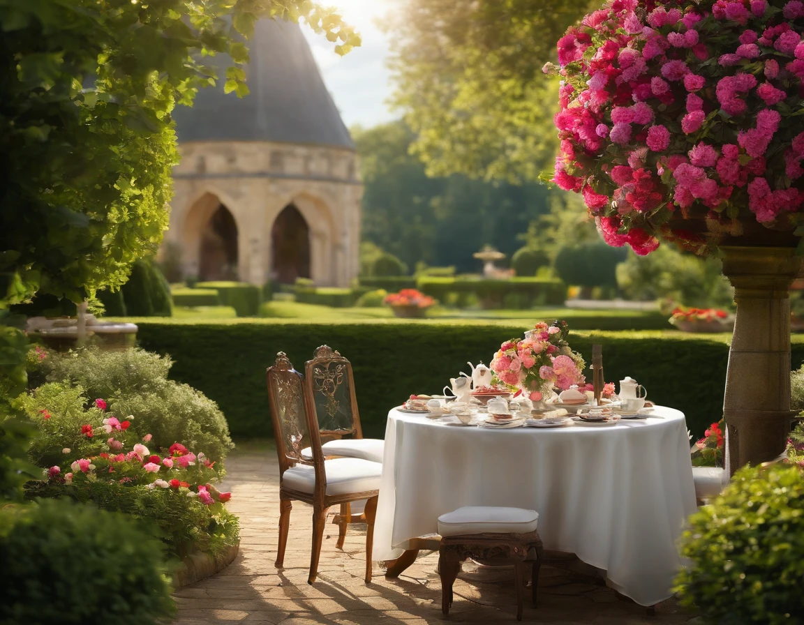 (medium,illuminationest quality,A high resolution),Afternoon refreshments,(actual),(vibrant with colors),(HighDynamicRange),detailed garden background,Manor buildings in the distance,A castle can be seen,floral arrangements,tea party,Well designed table setting,Lush greenery,The sun shines through the trees,relaxing atmosphere,Beautifully manicured hedges,flowers blooming,Fountains and running water,elegant tray,Delicious pastries,Exquisite porcelain tea cup,Reflection in clear water,calm and serene atmosphere,a gentle breeze，The leaves rustle,laughter and conversation,Meticulously maintained lawn,The gentle chirping of birds,crystal clear blue sky,Manicured path through the garden,Handmade jewelry,Gorgeous gazebo,Old stone bench,Quiet and peaceful environment