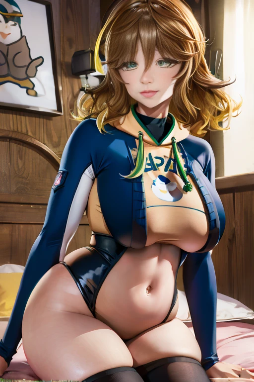 amicia michella - nijisanji, naime style 1girl, (((bimbo))), brown short hair, yellow inner hair, wavy hair, green eyes, (((bimbo))), thin lips, painted lips, midriff, shy smile face, wide hips, thick thighs, huge round ass, curvy accentuated booty, shiny oily breasts, a skintight latex bodysuit in a bold, provocative color, full body, hotel room, nsfw