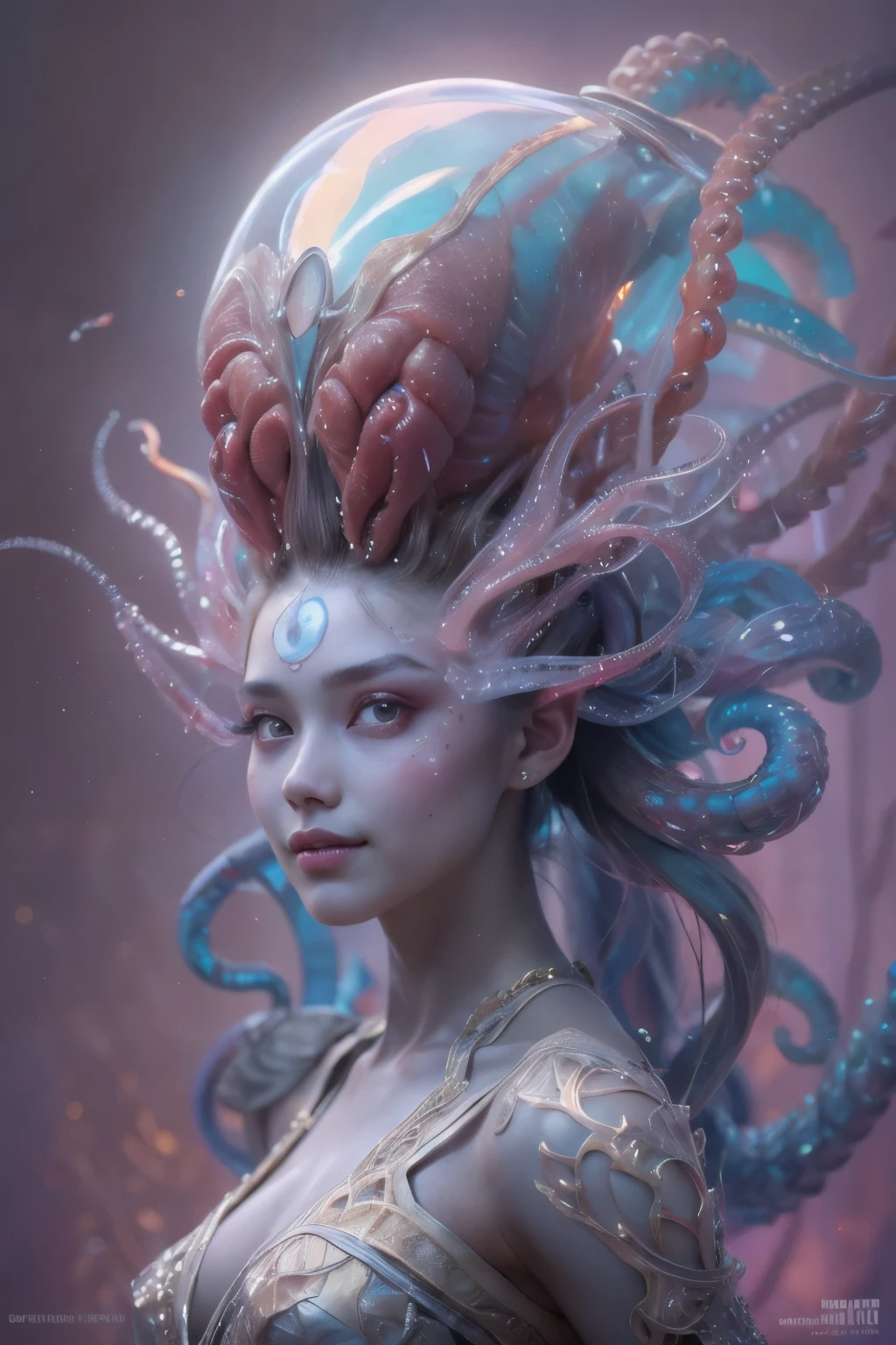 Portrait, (beautiful female alien:1.2), (she has red eyes with no pupils:1.8), (Translucent skin:1.7), (There is a female genital-like organ in the middle of the forehead:1.9), (The most beautiful face in the history of the universe:1.2),an evil gaze that seduces, (large mouth:1.1), (sharp teeth like a vampire:1.2), Full body like, (bio luminescent:1.5), (Smile wickedly:1.3), (sexypose:1.5), alien, No humans, cells are fused, (Lots of translucent tentacles:1.3) extraterrestrial, cell, bio image, Best Quality, 8K,4K_quality, High Definition, Dramatic Lighting, masutepiece:1.5,cinematic quality, detail up, (Intricate details:1.2), High resolution, High Definition, drawing faithfully, (Thick eyebrows:1.2), Beautiful eyes with fine symmetry,(Highly detailed face and eyes:1.2), Intimate face, (Super detailed skin quality feeling:1.4), Perfect Anatomy, (Beautiful toned body:1.5), (Moist skin:1.2), No makeup, (dark circles:1.1), long canines, cinematic drawing of characters, ultra high quality model, cinematic quality, detail up, (Intricate details:1.2), High resolution, High Definition, drawing faithfully, Official art, Unity 8K wall , 8K Portrait, Best Quality, Very High resolution, ultra detailed artistic photography, midnight aura, unreal enginee 5, Ultra Sharp Focus, art by alberto seveso, ArtGerm, Roisch, intricate artwork, best quality, masutepiece, ultra High resolution, (photos realistic:1.4), Ultra-realistic realism, dream-like, nautilus, Creation of fantasy, Snail, Dream Snail, biopunk nautilus, Thrilling color schemes, Ultra-realistic realism, seductively smiling, Blue tentacles,