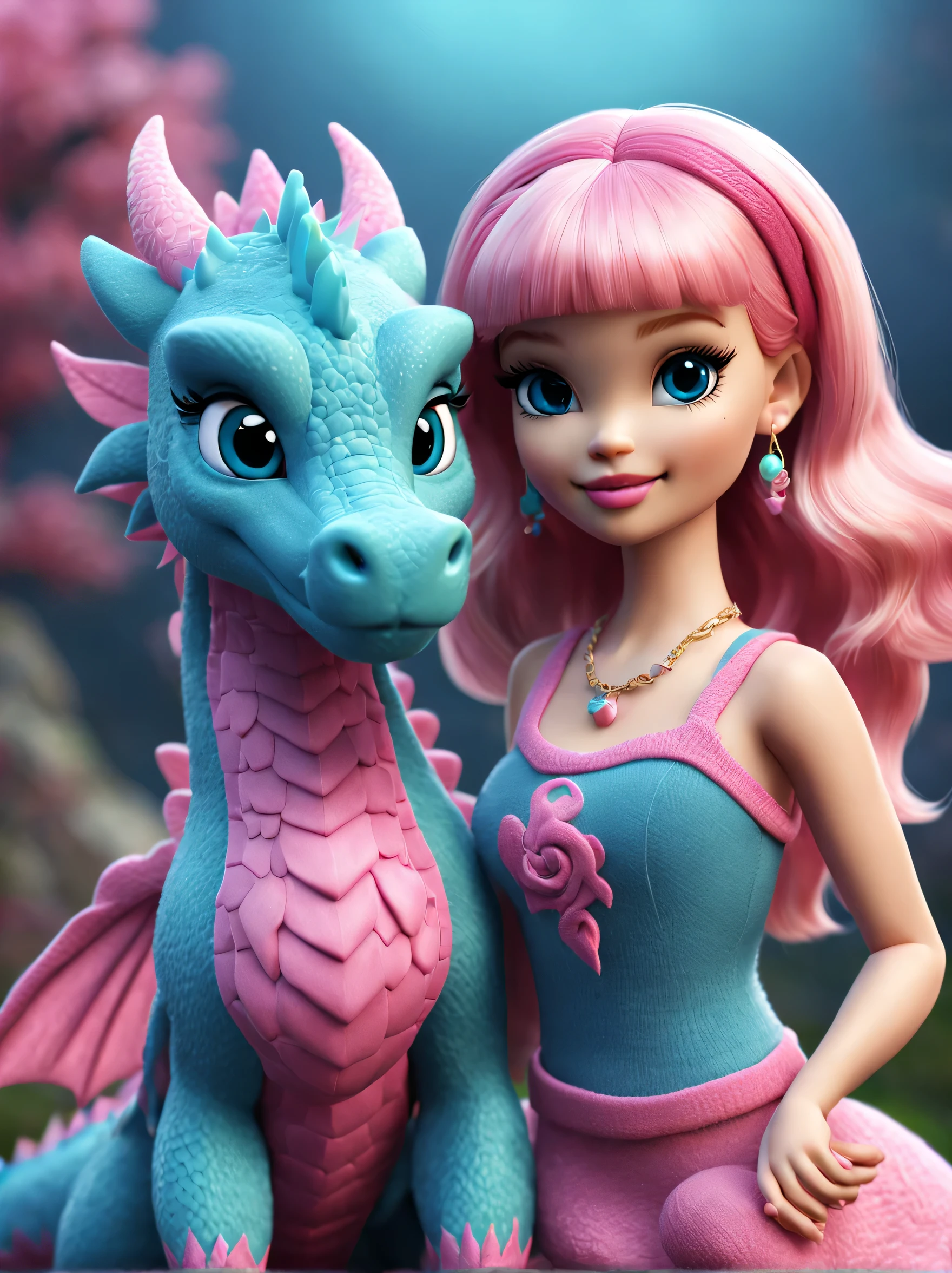 barbie and dragons，Cute 3d rendering，shaggy，（wool craft），Background blue and pink
， Cute 3d rendering of cartoon zodiac dragon，Cute and detailed digital art，zodiac dragon explorer，Mini cute zodiac dragon，stylized 3d render，3d rendered figure art 8k，lovely digital painting，Anime style 3D，Ultra-detailed rendering