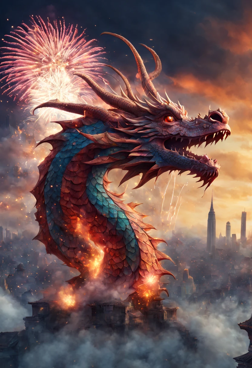 new year 2024, surreal art, text, fireworks, dragon, top quality