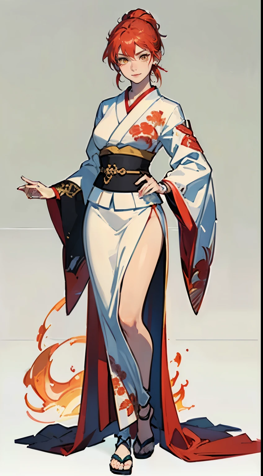 ((masterpiece,best quality,8k,highres)),((character concept art)), 1 female, young female adult, Fire Goddess, 175cm height, straight medium hair (red hair colour), ultra finely detailed eyes (yellow eyes colour), extraordinary gorgeous, charming, (gentle smile), shapely breasts, hourglass body shape ((muscular)), tattoos around body, full tattoos, ((intricate detail)), super finely detailed hands, ultra finely detailed fingers(((ten fingers))), japanese kimono outfit (white colour outfit), necklace, earrings, bracelet, (standing still), (full body showcase), (show full body), (no logos on background), (no logo), ((plain background)), ((plain background)), (((empty background)))