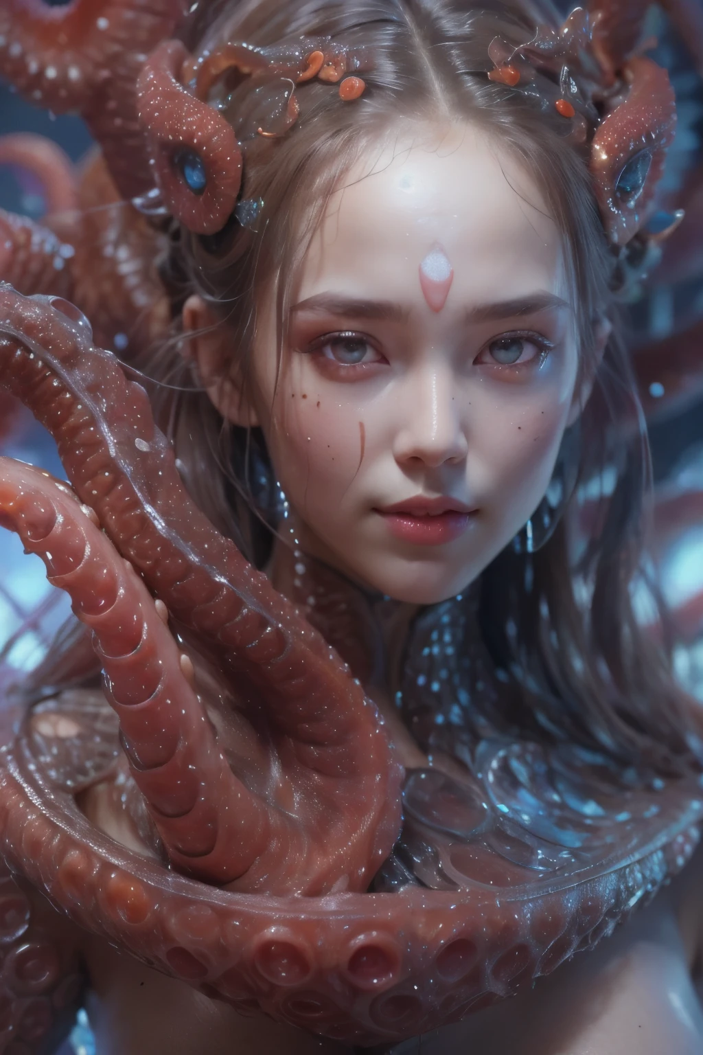 Portrait, (beautiful female alien:1.2), (she has red eyes with no pupils:1.8), (Translucent skin:1.7), (There is a female genital-like organ in the middle of the forehead:1.9), (The most beautiful face in the history of the universe:1.2),an evil gaze that seduces, (large mouth:1.1), (sharp teeth like a vampire:1.2), Full body like, (bio luminescent:1.5), (Smile wickedly:1.3), (sexypose:1.5), alien, No humans, cells are fused, (Lots of translucent tentacles:1.3) extraterrestrial, cell, bio image, Best Quality, 8K,4K_quality, High Definition, Dramatic Lighting, masutepiece:1.5,cinematic quality, detail up, (Intricate details:1.2), High resolution, High Definition, drawing faithfully, (Thick eyebrows:1.2), Beautiful eyes with fine symmetry,(Highly detailed face and eyes:1.2), Intimate face, (Super detailed skin quality feeling:1.4), Perfect Anatomy, (Beautiful toned body:1.5), (Moist skin:1.2), No makeup, (dark circles:1.1), long canines, cinematic drawing of characters, ultra high quality model, cinematic quality, detail up, (Intricate details:1.2), High resolution, High Definition, drawing faithfully, Official art, Unity 8K wall , 8K Portrait, Best Quality, Very High resolution, ultra detailed artistic photography, midnight aura, unreal enginee 5, Ultra Sharp Focus, art by alberto seveso, ArtGerm, Roisch, intricate artwork, best quality, masutepiece, ultra High resolution, (photos realistic:1.4), Ultra-realistic realism, dream-like, nautilus, Creation of fantasy, Snail, Dream Snail, biopunk nautilus, Thrilling color schemes, Ultra-realistic realism, seductively smiling, Blue tentacles,