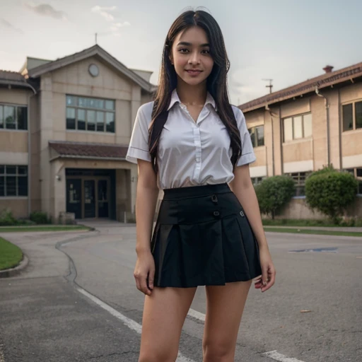 (top-quality,8K picture quality,masterpiece:1.3),(A high resolution,Photorealsitic:1.4,Raw photography),(ultra-detailliert,Caustics,Detailed background),(Ultra-realistic capture,Beautifully detailed skin,perfect anatomia),at the sunset,Sunset sky,school buildings,school ground,18year old ,Kawaii,Single eyelid,Black hair short messy ,Unbutton, See through School Uniform,Short skirt,Looking at the camera,A smile,Bust-up full body shot,natural soft light, Flirty looking,Long legs, Malay