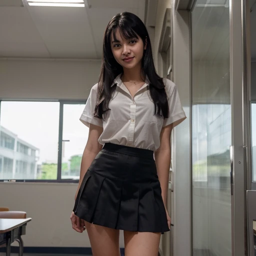 A Young sweet beautiful Bogor high school girl, 17 years old, georgeus sweet face, slim body, descent mixed from sundanese and javanese, wavy shoulder long hair with a bangs, wearing Indonesian white and grey high, wearing white thin see through long sleeve all UNbuttoned blouse with OSIS badge on the pocket, wearing pull up grey thin skin, wearing white soft cup bra, wearing sport shoes, stiting sensual open very wide legs on desk in classroom, wearing white thin see through panty visible exposed, very realistic, very detail, masterpiece, perfect fingers shape, no cartoon, cute smiling sweetly, semi nude