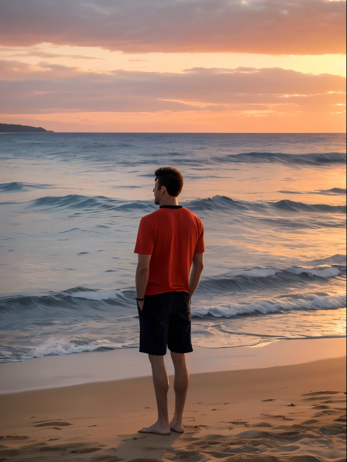 arafed man standing on the beach looking out at the ocean, standing on the beach at sunset, looking at sunset, standing beside the ocean, standing at the beach, on the beach at sunset, looking off into the sunset, gazing off into the horizon, at beach at sunset, looking at the ocean, on the beach during sunset, looking out at a sunset