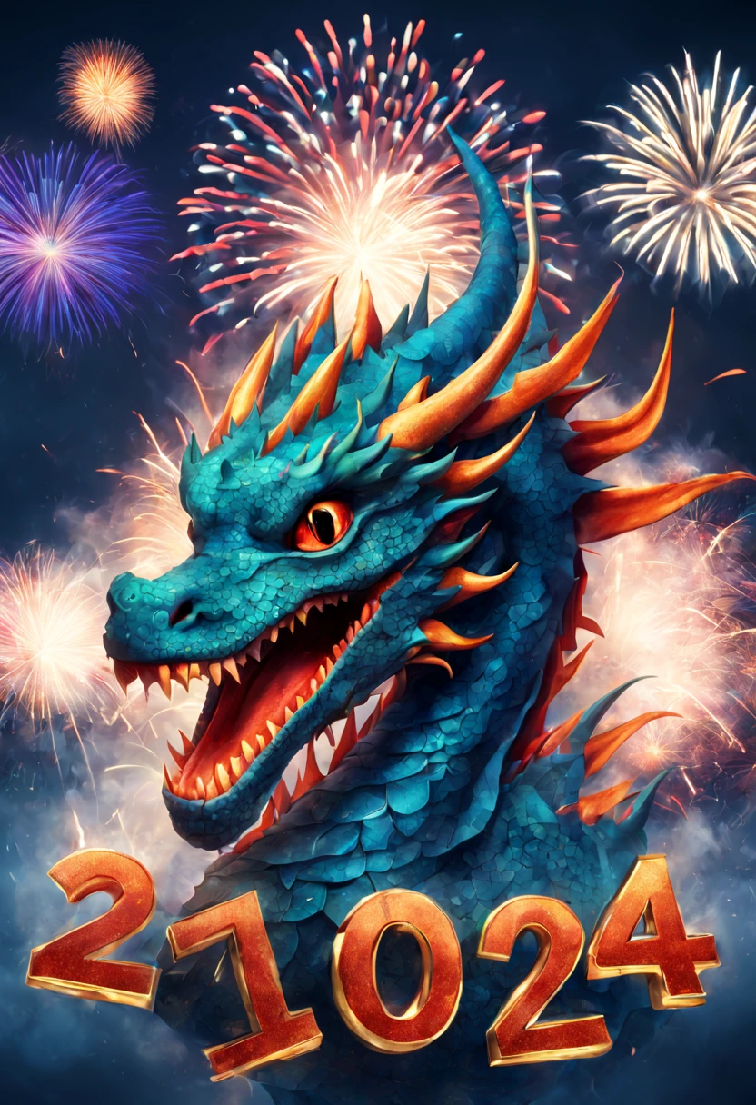 (text : "happy new year 2024"), surreal art, text, fireworks, dragon, top quality