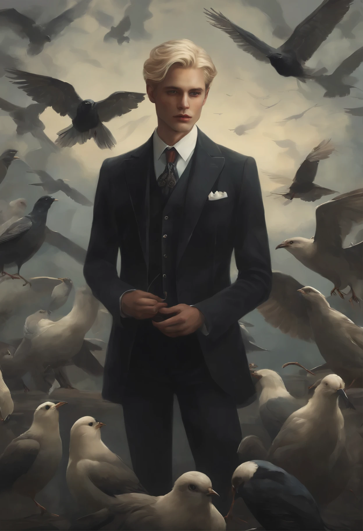 Anime style, Makoto Shinkai, Painting of a man in a suit and tie surrounded by birds, Ghibli Tom Bagshaw, tom bagshaw style, portrait of Tom bagshaw, Portrait of a magical blond prince, Brad Kunkle Elson Peter, tom bagshaw style, Tom Bagshaw Донато Джанкола, johan liebert mixed with alucard, tom bagshaw artstyle, Artstyle: Tom Bagshaw