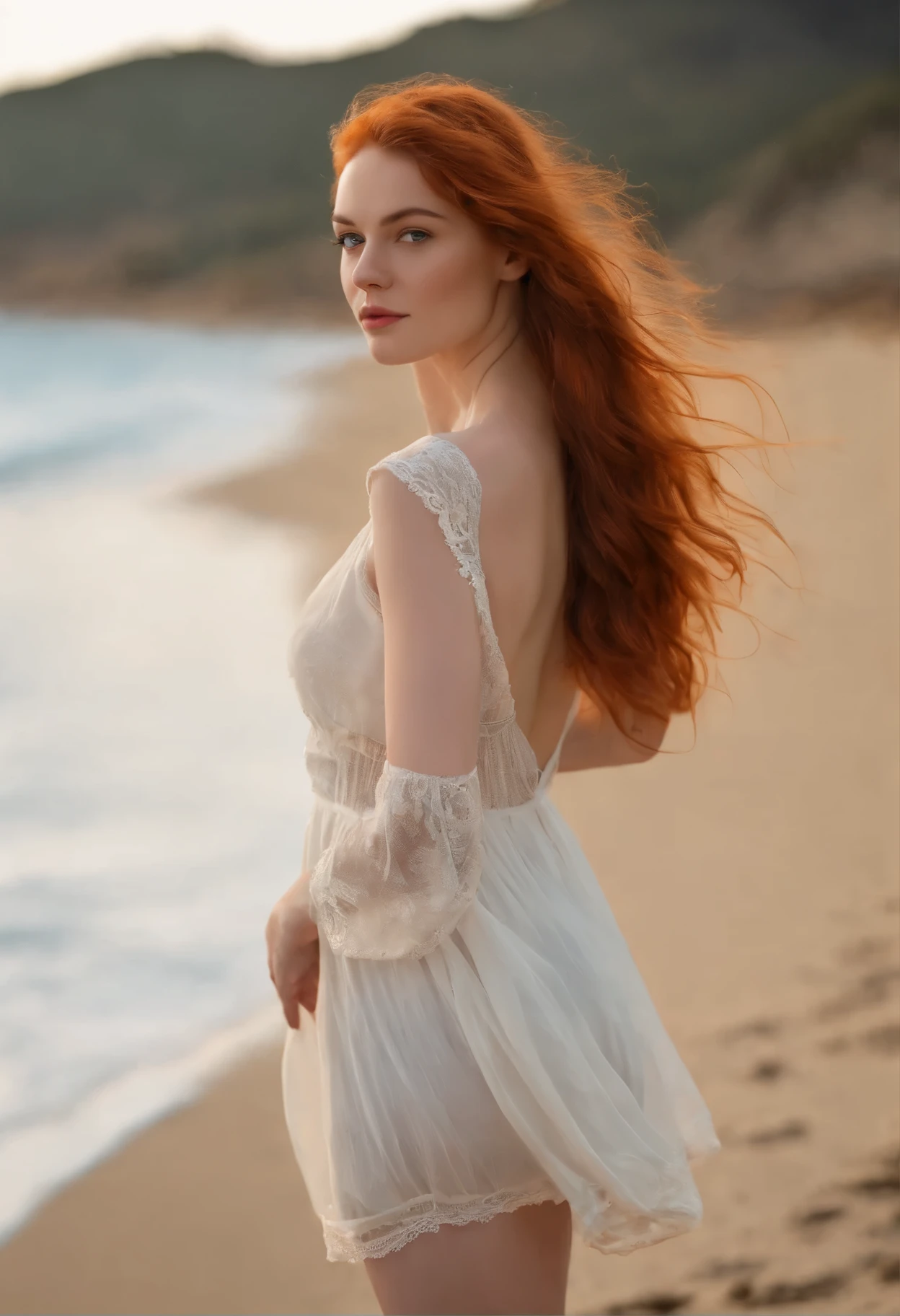 professionnel, (Photo 4K:1.1) (mise au point nette:1.3), High detail, Porter (Chemise moulante:1.2), beautifull detailed face, An attractive woman with long red hair, on the beach near sea, resembling actress Elle Fanning, Panasonic Lumix S Pro 50mm F/1.4, , photo realist, (attractive young woman:1.3), (Seductive:1.1), (rougissant:1.1), Forme du corps du sablier, Gros seins ronds, ass underlined, Accentuated ass, Rear shot, Porter une mini-jupe, corps entier, longues jambes