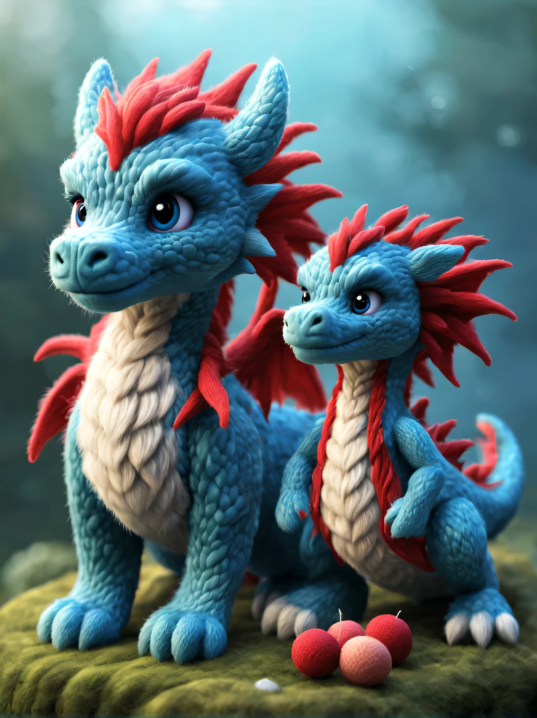 （Doll design），（wool craft），（Feel design），barbie and dragon，Cute 3d rendering，shaggy，（wool craft）， Background with：Quiet blue and brilliant red， Cute 3d rendering of cartoon zodiac dragon，Cute and detailed digital art，zodiac dragon explorer，Mini cute zodiac dragon，stylized 3d render，3d rendered figure art 8k，lovely digital painting，Anime style 3D，Ultra-detailed rendering