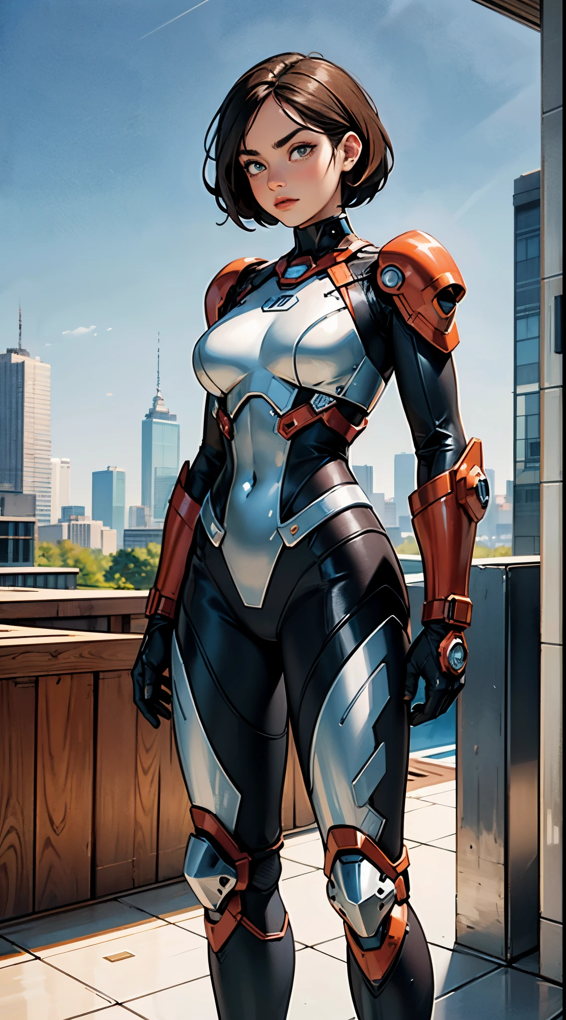 A superhero, a high-tech biotech battle suit, standing on a rooftop, looking over the city, Japanese tokusatsu and American comic style, biometallic texture of the suit, sleek and shiny, dynamic, metallic, sophisticated design, symmetrical face, extremely detailed eyes and face, high quality eyes, high definition, best quality, highres, ultra-detailed, ultra-fine painting, exquisite and mature, extremely delicate, professional, anatomically correct, creativity, UHD, HDR, 32k, Natural light, cinematic lighting, best shadow, masterpiece-anatomy-perfect, masterpiece