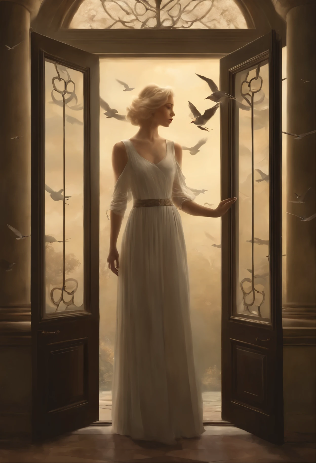Photo of a blonde, standing in the doorway, and the birds fly around., Ghibli Tom Bagshaw, tom bagshaw style, artstyle: Tom Bagshaw, Tom Bagshaw Weta Studio, tom bagshaw style, Tom Bagshaw Donato Giancola, The cover of the novel for the book, artstyle by Tom Bagshaw, based on Jakub Schikaneder, inspired by Brian Despain