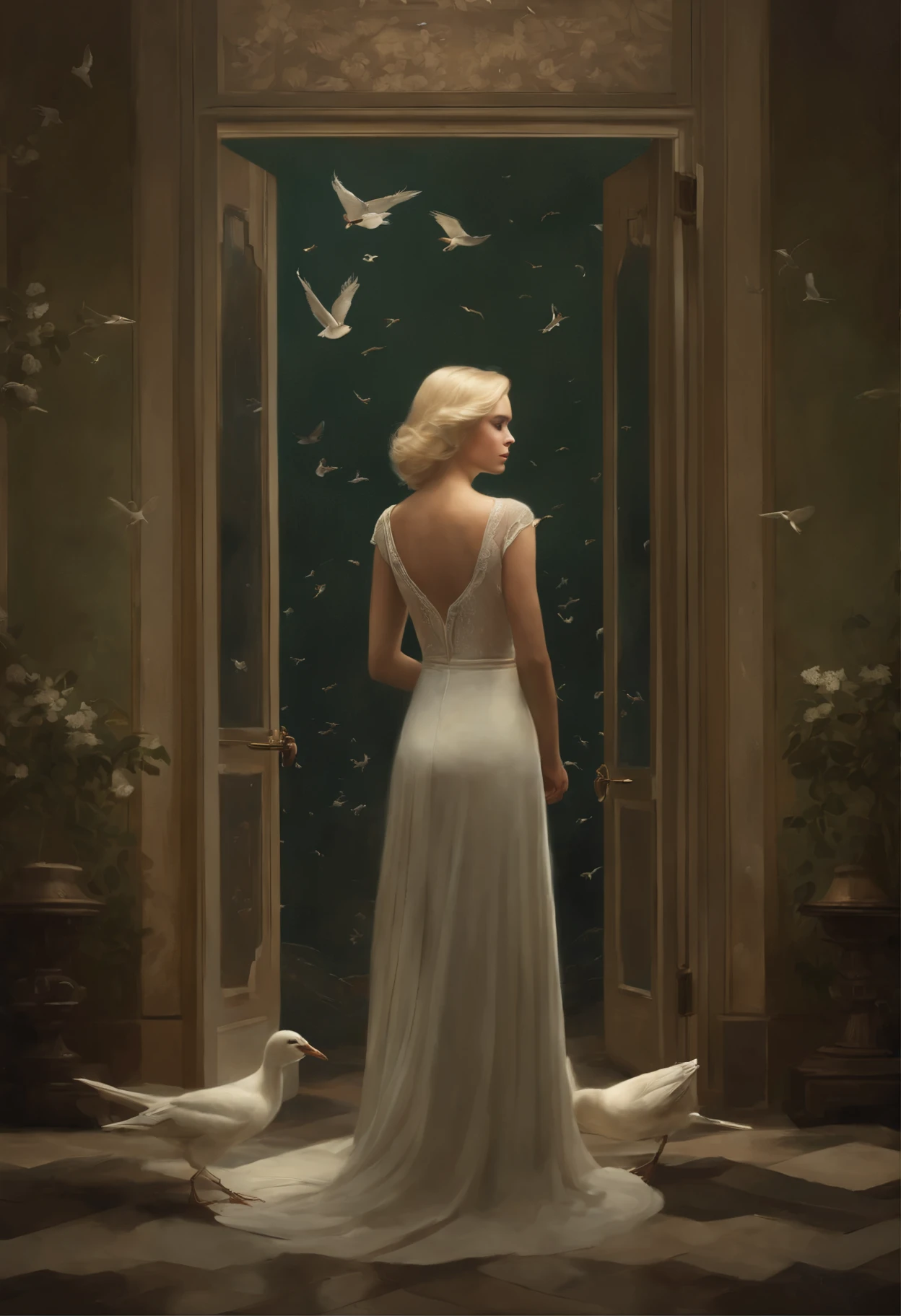 Photo of a blonde, standing in the doorway, and the birds fly around., Ghibli Tom Bagshaw, tom bagshaw style, artstyle: Tom Bagshaw, Tom Bagshaw Weta Studio, tom bagshaw style, Tom Bagshaw Donato Giancola, The cover of the novel for the book, artstyle by Tom Bagshaw, based on Jakub Schikaneder, inspired by Brian Despain