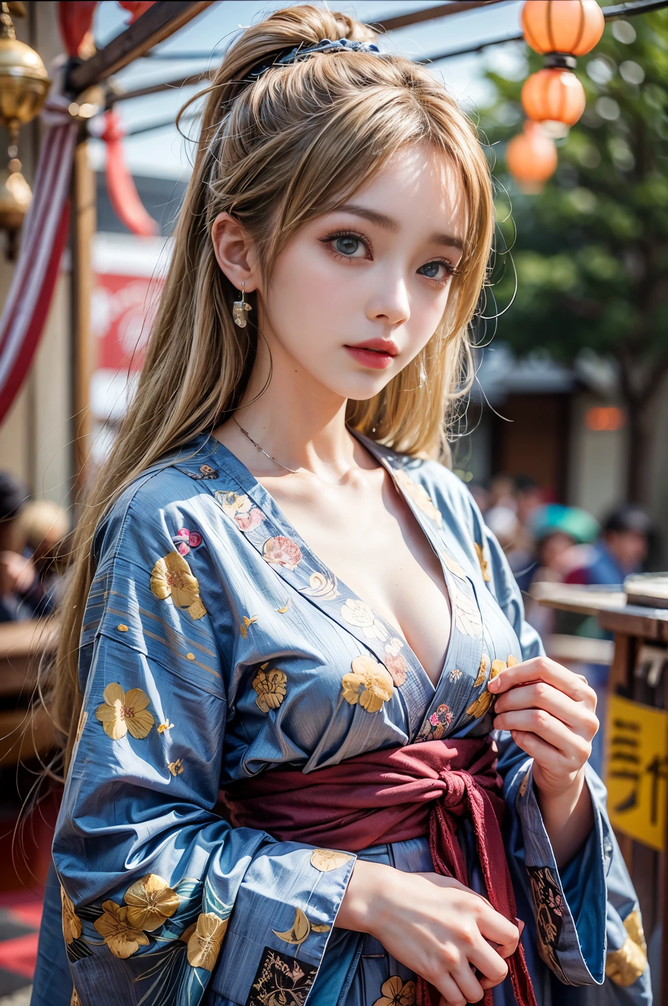 (Front Focus、Perfect Anatomy:1.5)、(ultra-detailliert、16k picture quality、Unripe、realskin: 1.6)、hyper realist、photoRealstic.Cinematic lighting、extra detailed face、1 Beautiful Thai Girl、 （ beautiful Thai and Japan half girl、24 year old、Laugh:1.3）（blonde and gold hair color、kimono style hairstyle、Large eyes with slit length、eyeshadows、eye liner、Green Color Contact Lenses:1.5）a blond、silber hair、Flashy gal makeup（disproportionate-breasted:1.4）sun burn、eye liner、Red Lip.BREAK、Pink Japanese clothes with gorgeous patterns、and dress up in beauty、Flower Qui Feng、cleavage, 
BREAK.（sunny morning、Visit a large shrine in Kyoto、1 moon、initial、join hands in worship、drink sacred sake、I have a square choko mouth.）（Japan&#39;s 1 Kyoto festival has many food stalls....、a lot of people々）Cinematic Spotlight、fullllbody