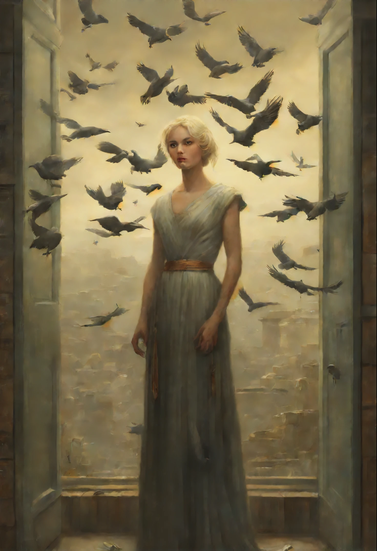 Photo of a blonde, standing in the doorway, and the birds fly around., Ghibli Tom Bagshaw, tom bagshaw style, artstyle: Tom Bagshaw, Tom Bagshaw Weta Studio, tom bagshaw style, Tom Bagshaw Donato Giancola, The cover of the novel for the book, artstyle by Tom Bagshaw, based on Jakub Schikaneder, inspired by Brian Despain