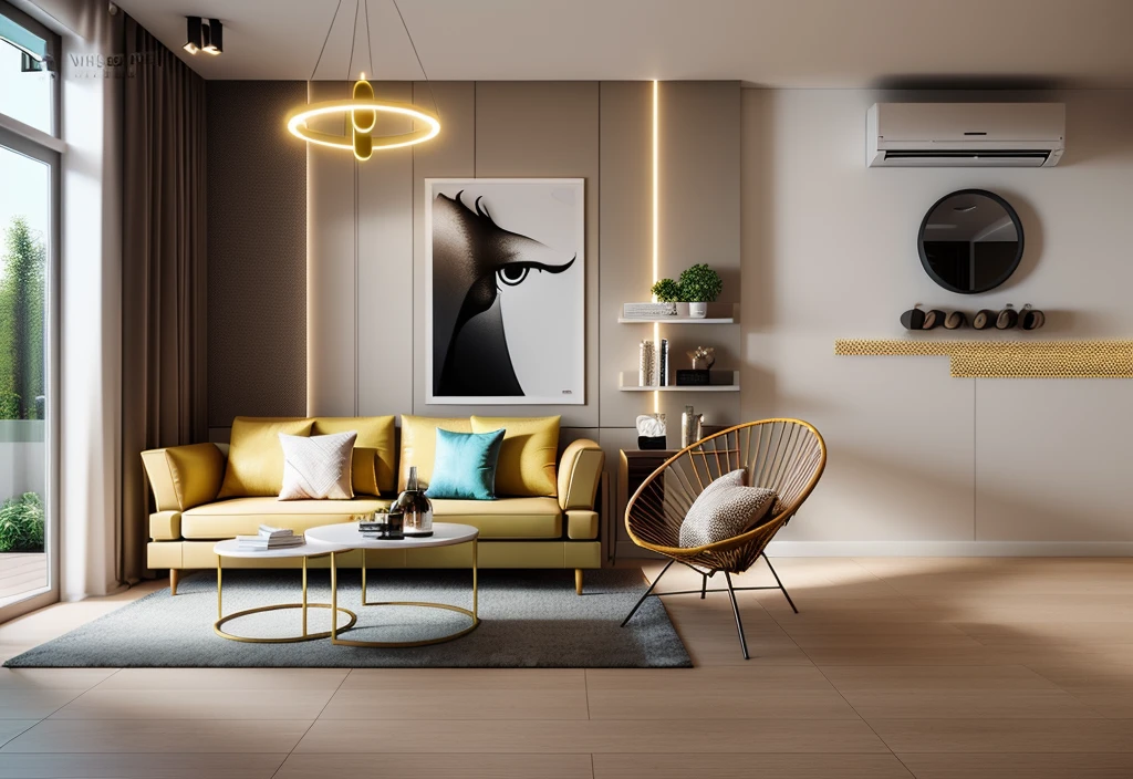 Modern style, The apartment's interior is a mix of yellow and white, symbolizing the sun, happiness, and optimism. Yellow is used to create neutrality in interior design, with other colors like light brown, gray, or white. Yellow's meaning in design is optimism, enlightenment, and happiness, and when mixed with black, it carries the meaning of promise, (|warm led light| 3600k), living room, interior design, apartment space, ceiling, a sofa with coffe table, potted plant, Industrial wooden, wood floor, picture frame, day, 8k uhd, dslr, soft lighting, high quality, film grain, Fujifilm XT3, The ambient lighting highlights the textures and details, creating a stock photo-like atmosphere, (((Best Quality))), ((Masterpiece)), ((best illustration)), ((best shadows)), ((Super Detail)), (Intricate lines), (Photorealism),(hyper detail), ((archdaily)), ((award winning design)), (dynamic light), ((day)), (perfect light), (shimering light), (hidden light), ((photorealistic)), ((FKAA, TXAA, RTX, SSAO)), ((Post Processing)), ((Post-Production)), ((CGI, VFX, SFX)), ((Full color)) ,((Unreal Engine 5)), ((intricate detail)), ((extreme detail)), ((science)), ((hyper-detail)), ((super detail)), ((super realistic)), ((crazy detail)), ((octane render)), ((Cinematic)), ((trending on artstation)), ((High-fidelity)), ((Viwvid)), ((Crisp)), ((Bright)), ((Stunning)), ((Eye-catching)), ((High-quality)),((Sharp))((Bright)), ((Stunning)), Natural, ((Eye-catching)), ((Illuminating)), ((Flawless)), ((High-quality)),((Sharp edge render)), ((medium soft lighting)), ((photographic render)), ((detailed archviz))