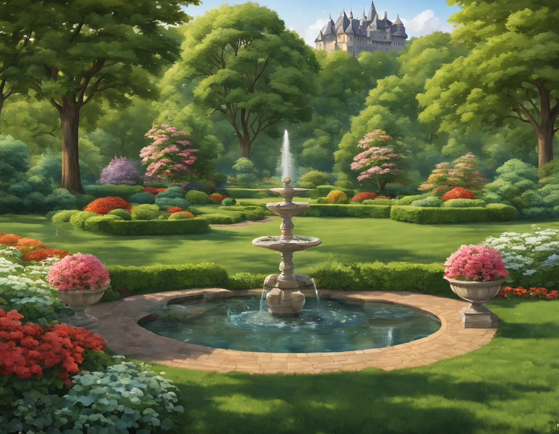 (middling,Highest lighting quality,A high resolution),(actual),(Vibrant colors),(HighDynamicRange),detailed garden background,Manor buildings in the distance,A castle can be seen,floral arrangements,Lush greenery,The sun shines through the trees,relaxing atmosphere,Beautifully manicured hedges,flowers blooming,Fountains and running water,Reflection in clear water,Calm and serene atmosphere,a gentle breeze，The leaves rustle,laughter and conversation,Meticulously maintained lawn,The gentle chirping of birds,crystal clear blue sky,Manicured path through the garden,Handmade jewelry,Gorgeous gazebo,Old stone bench,Quiet and peaceful environment