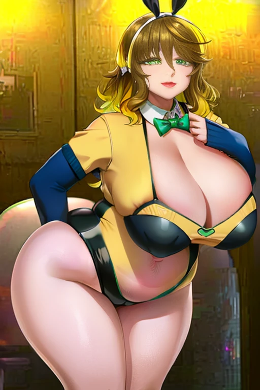 amicia michella - nijisanji, 1girl, (((bimbo))), brown short hair, yellow inner hair, wavy hair, green eyes, (((bimbo))), thin lips, painted lips, shy smile face, wide hips, thick thighs, huge round ass, pregnant belly, big belly, enormous natural breasts, shiny oily breasts, bunny ears ornament, black bunny suit, high-neck collar, bow tie, full body, night club, nsfw