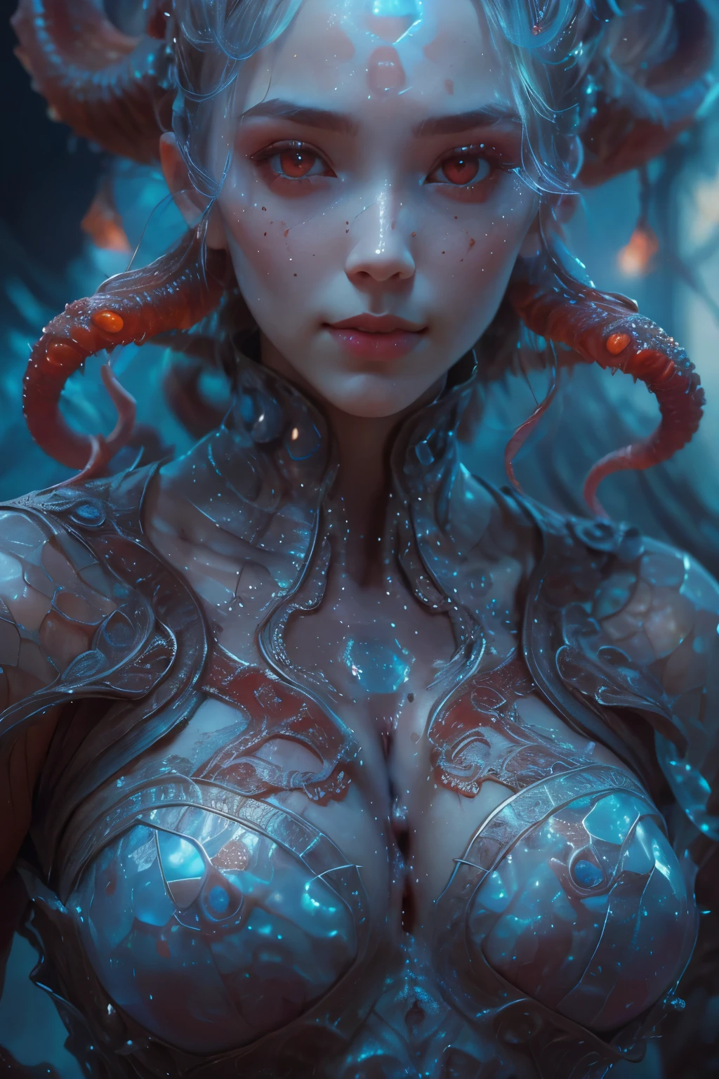 Portrait, (beautiful female alien:1.2), (she has red eyes with no pupils:1.8), (Translucent skin:1.7), (There is a female genital-like organ in the middle of the forehead:1.9), (The most beautiful face in the history of the universe:1.2),an evil gaze that seduces, (large mouth:1.1), (sharp teeth like a vampire:1.2), Full body like, (bio luminescent:1.5), (Smile wickedly:1.3), (sexypose:1.5), alien, No humans, cells are fused, (Lots of translucent tentacles:1.3) extraterrestrial, cell, bio image, Best Quality, 8K,4K_quality, High Definition, Dramatic Lighting, masutepiece:1.5,cinematic quality, detail up, (Intricate details:1.2), High resolution, High Definition, drawing faithfully, (Thick eyebrows:1.2), Beautiful eyes with fine symmetry,(Highly detailed face and eyes:1.2), Intimate face, (Super detailed skin quality feeling:1.4), Perfect Anatomy, (Beautiful toned body:1.5), (Moist skin:1.2), No makeup, (dark circles:1.1), long canines, cinematic drawing of characters, ultra high quality model, cinematic quality, detail up, (Intricate details:1.2), High resolution, High Definition, drawing faithfully, Official art, Unity 8K wall , 8K Portrait, Best Quality, Very High resolution, ultra detailed artistic photography, midnight aura, unreal enginee 5, Ultra Sharp Focus, art by alberto seveso, ArtGerm, Roisch, intricate artwork, best quality, masutepiece, ultra High resolution, (photos realistic:1.4), Ultra-realistic realism, dream-like, nautilus, Creation of fantasy, Snail, Dream Snail, biopunk nautilus, Thrilling color schemes, Ultra-realistic realism, seductively smiling, Blue tentacles,