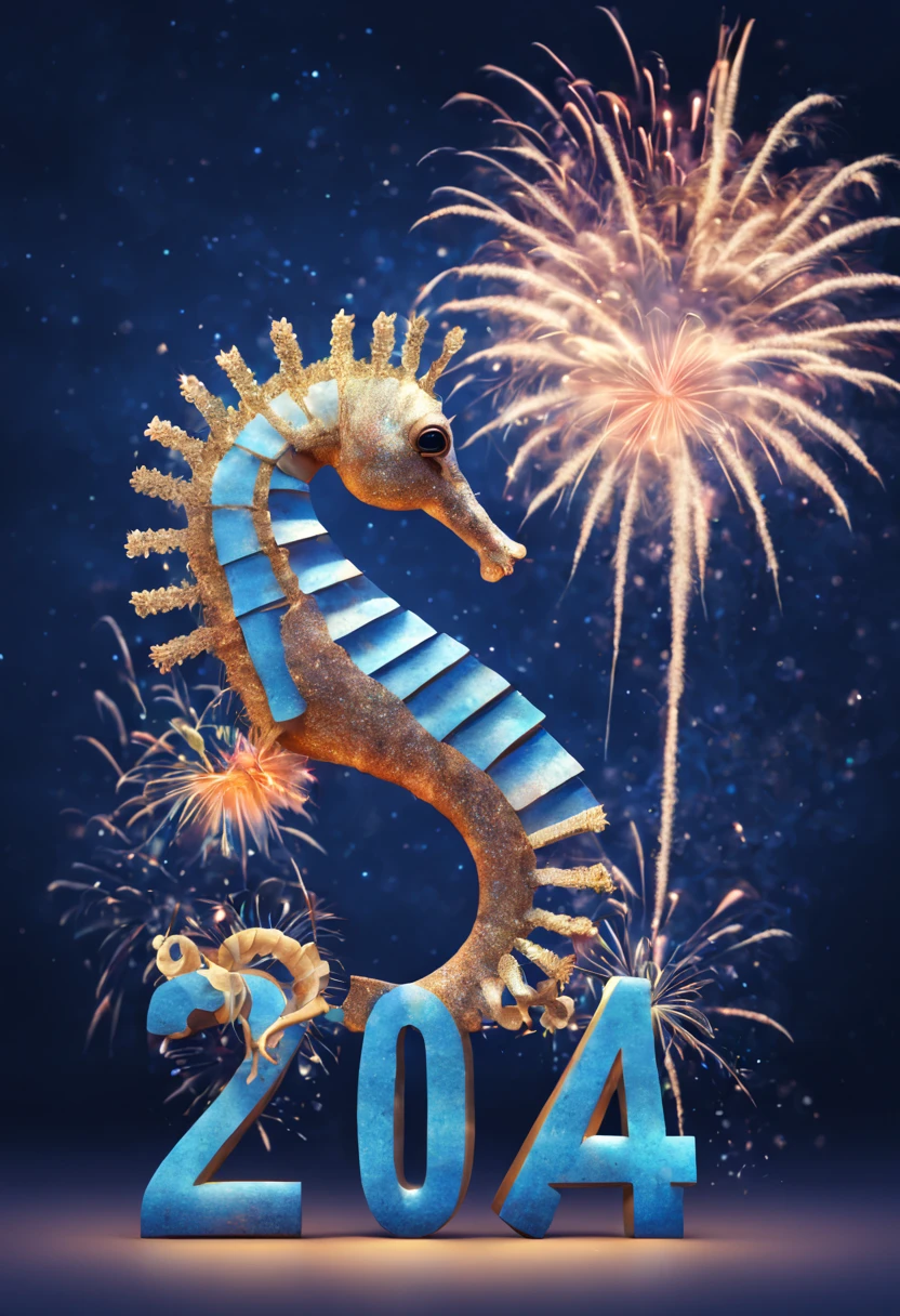 (text : "happy new year 2024"), surreal art, text, fireworks, seahorse, top quality