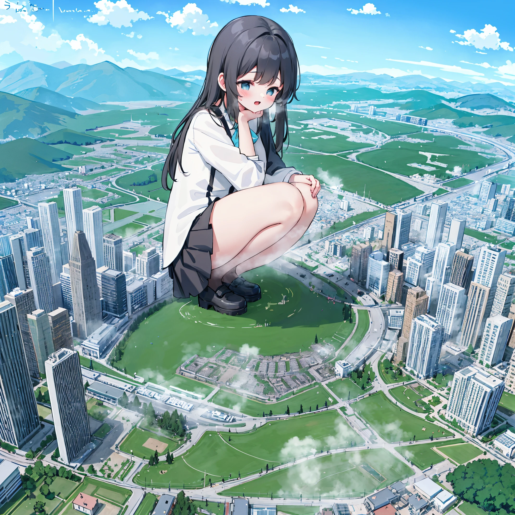 NSFW，​​{A giantess}，{1个Giant Girl}，{urinating}​​clouds， looking over city， mountain ranges， tmasterpiece, Best quality, The content is very detailed,tmasterpiece,Best quality,offcial art,extremely detaild的 CG unified 8k wallpapers，{{{A giantess}}}，Huge girl，1 girl，modern miniature city，pissing，No shoelackstockings}，squatt，face flushed，comfortable expressions，pissing，urine，Nourishes urine，urine squirting，Urine gives off steam，Modern miniature city squatting and peeing ，The city is full of urine