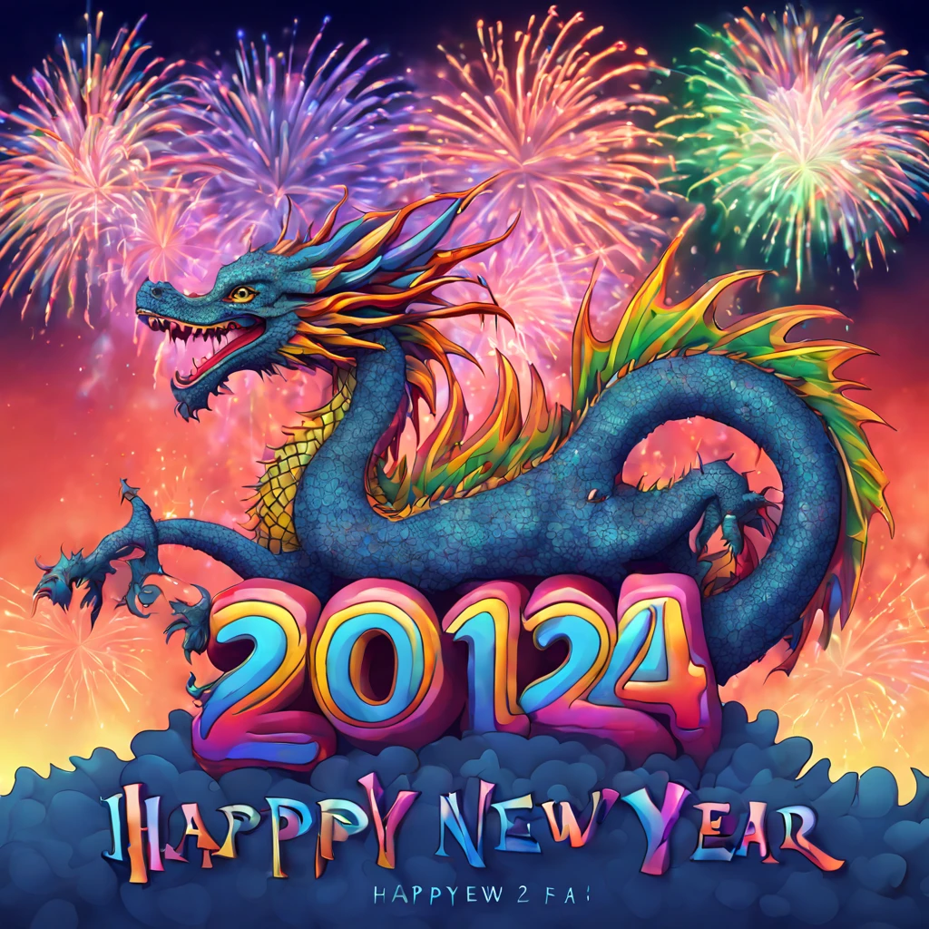 (text : "happy new year 2024"), psychedelic art, text, fireworks, dragon, top quality
