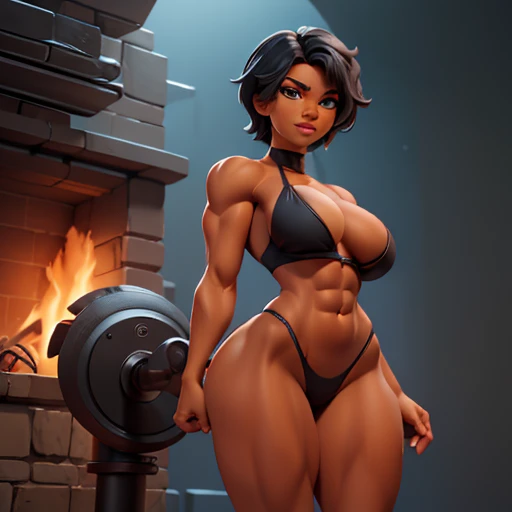 (best quality, masterpiece), vibrant colors, gorgeous black muscle mommy, dask skin, nice face, muscular arms, perfect abs, very short black hair, (big body:1.5), nasty, lewd, provocative, nudity, gorgeous, pixar, seductive, random provocative pose, muscular thighs, medium breasts, scify, sci fy, futuristic