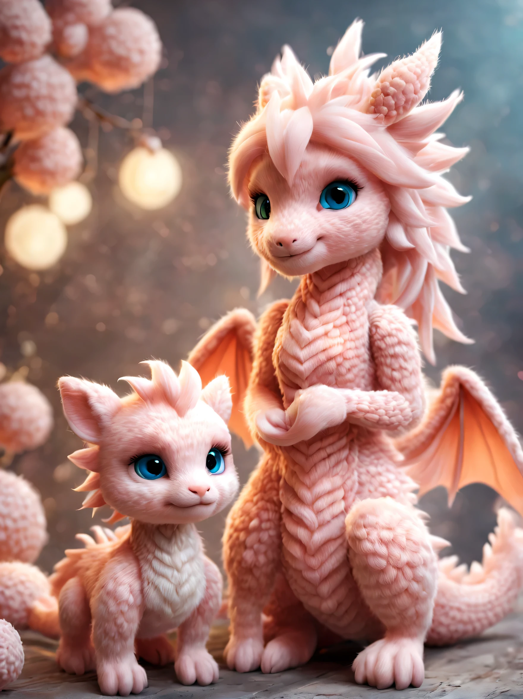 （Jewelry design），（wool craft），（Feel design），barbie doll and furry dragon，（wool craft）， Cute 3d rendering，Background with：Soft peach color，
 Cute 3d rendering of cartoon zodiac dragon，Cute and detailed digital art，zodiac dragon explorer，Mini cute zodiac dragon，stylized 3d render，3d rendered figure art 8k，lovely digital painting，Anime style 3D，Ultra-detailed rendering