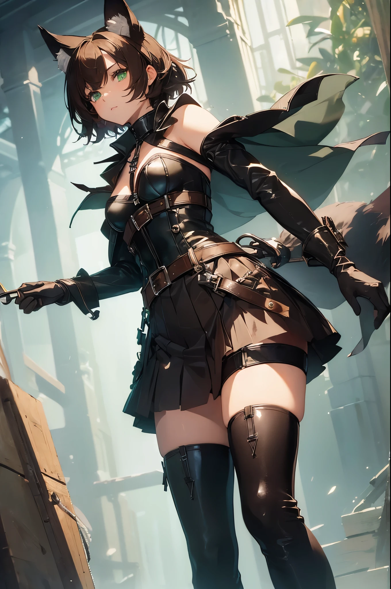 (Masterpiece: 1.5), (Best Quality: 1.5), (Perfect Face), Fox ears, Fox Tail, dark brown hair, green eyes, femboy, feminine male, flat chest, full body, leather skirt, short hair, fluffy hair, leather harness, thick tights, leather gloves, leather stockings, leather corset